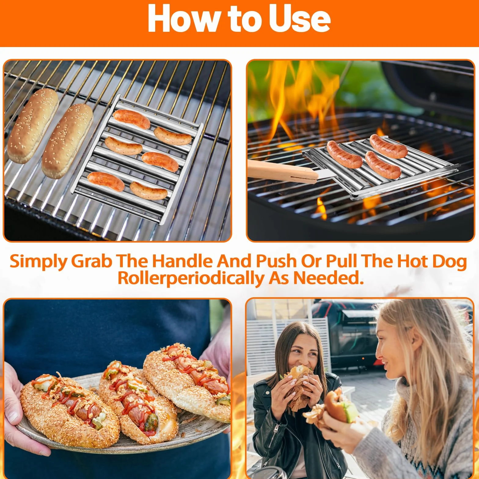 Grill rolkowy do hot dogów, grill do kiełbasy, 5 hot dogów, 6-rolkowy podgrzewacz z uchwytem, stojak rolkowy do kiełbasy ze stali nierdzewnej (1 zestaw)