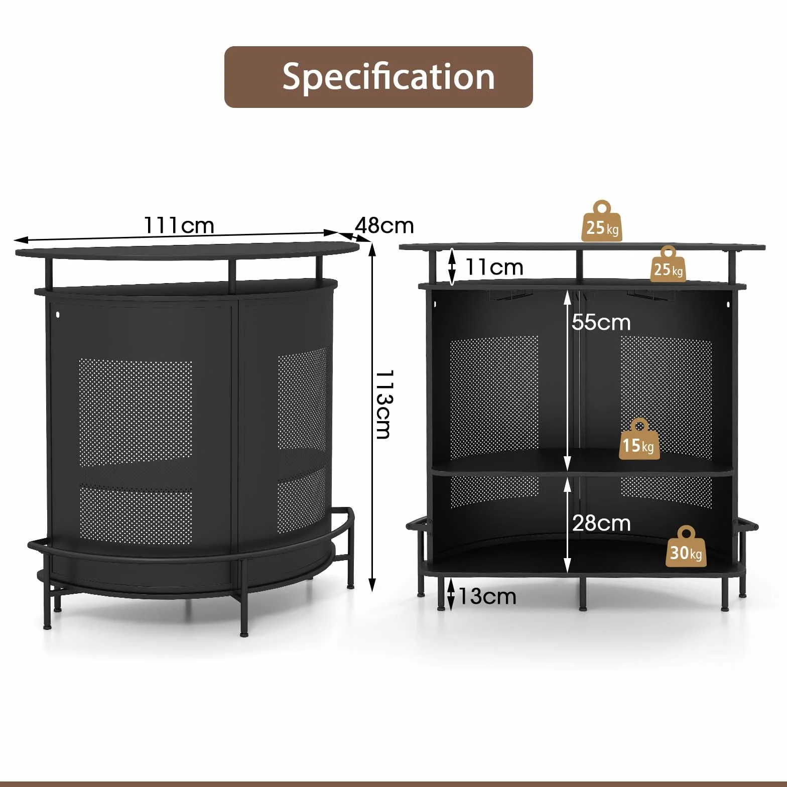 KOMFOTTEU Stolik barowy z otwartym regałem i uchwytami na napoje, stolik na wino, bar z 4 poziomami, blat kuchenny z podnóżkiem, 110,5 x 48 x 112,5 cm (półokrągły)