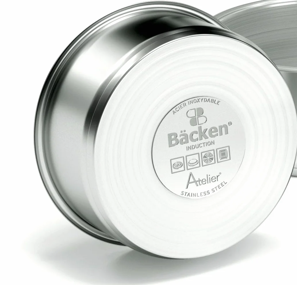 Backen 391505, Zestaw Garnków 16,18,20cm, Stal nierdzewna, 5 Części, Indukcja, 1 Rączka zdejmowana, 1 Pokrywa Wielofunkcyjna Metalowa, Zmywarka bezpieczna, Powłoka nieprzywierająca, Gwarancja 5 lat