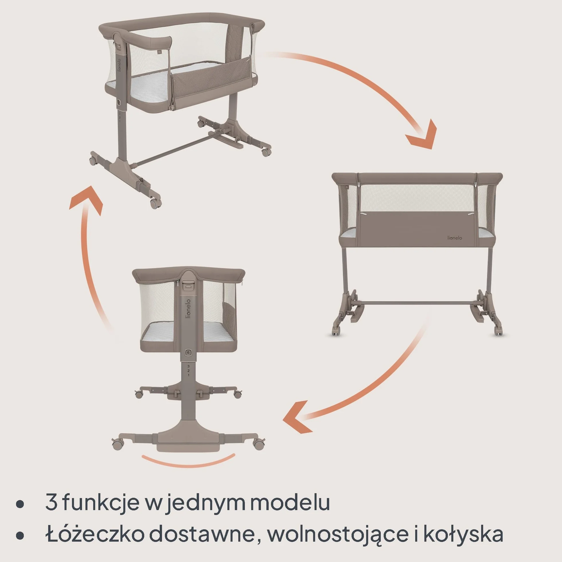 lionelo PARI łóżeczko nocne, łóżeczko dziecięce, 3 w 1, regulowane łóżeczko nocne, 6 poziomów, kołysanie, pochylany materac, siatka, zamykane kółka, torba podróżna