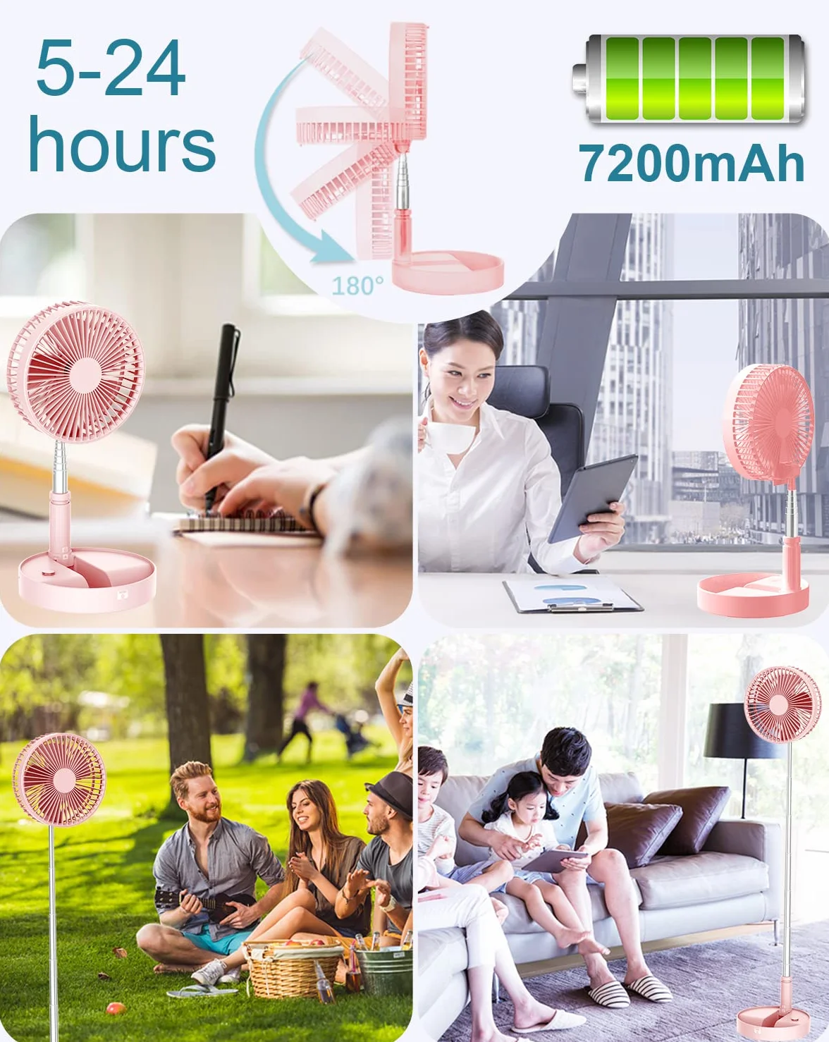 UNITEDTIME Wentylator biurkowy i stołowy, wentylator cyrkulacyjny powietrza, przenośne wentylatory podróżne zasilane bateriami lub USB, regulowana wysokość, składany, z pilotem zdalnego sterowania, 4