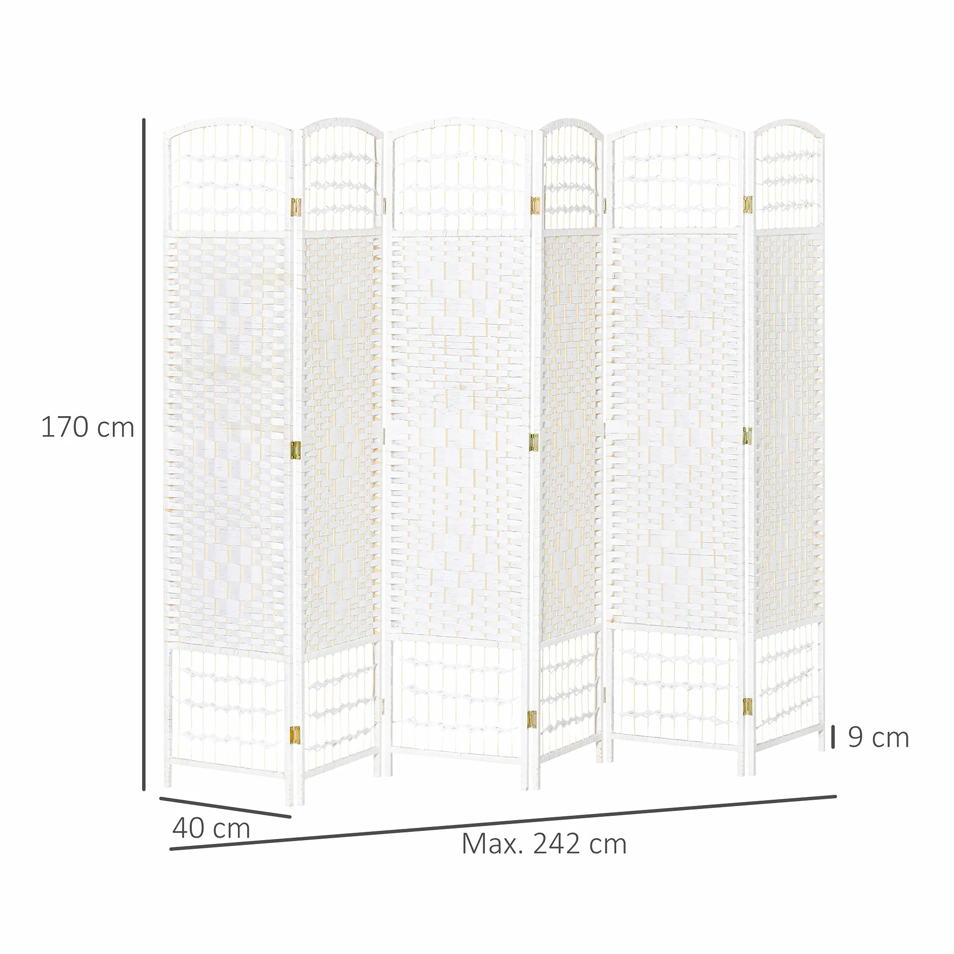 HOMCOM Parawan wewnętrzny 6 paneli składanych 242 L x 170H cm Przegroda pokojowa Drewno topolowe Bambusowe Włókna papierowe plecione Biała Słoma