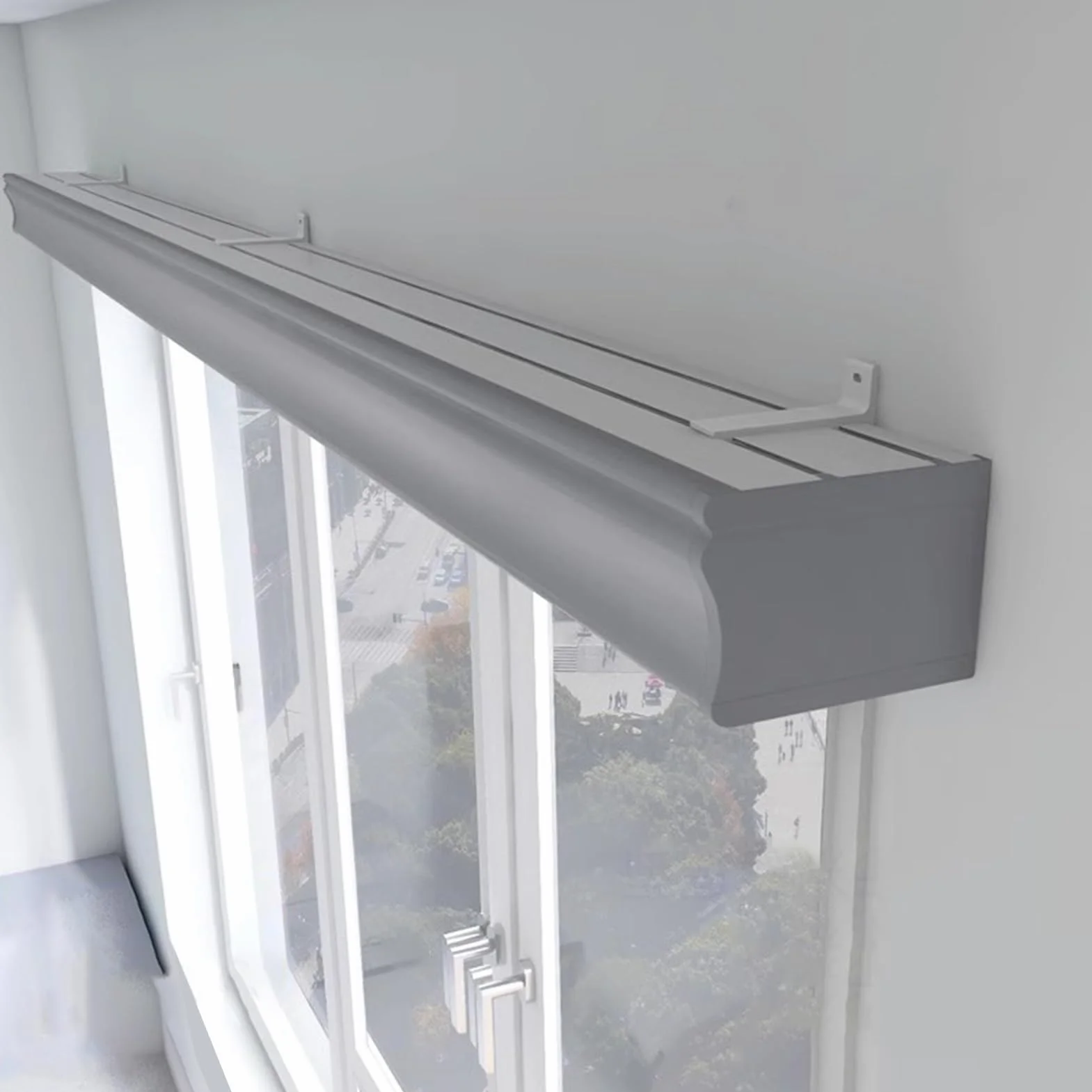 Szara skrzynka na lambrekin okienny trzy w jednym, z podwójną szyną, montowaną na ścianie tablicą gzymsową ze stopu aluminium i falbaną - 240 cm (7,9 stopy) dekoracyjna zasłona rozwiązanie