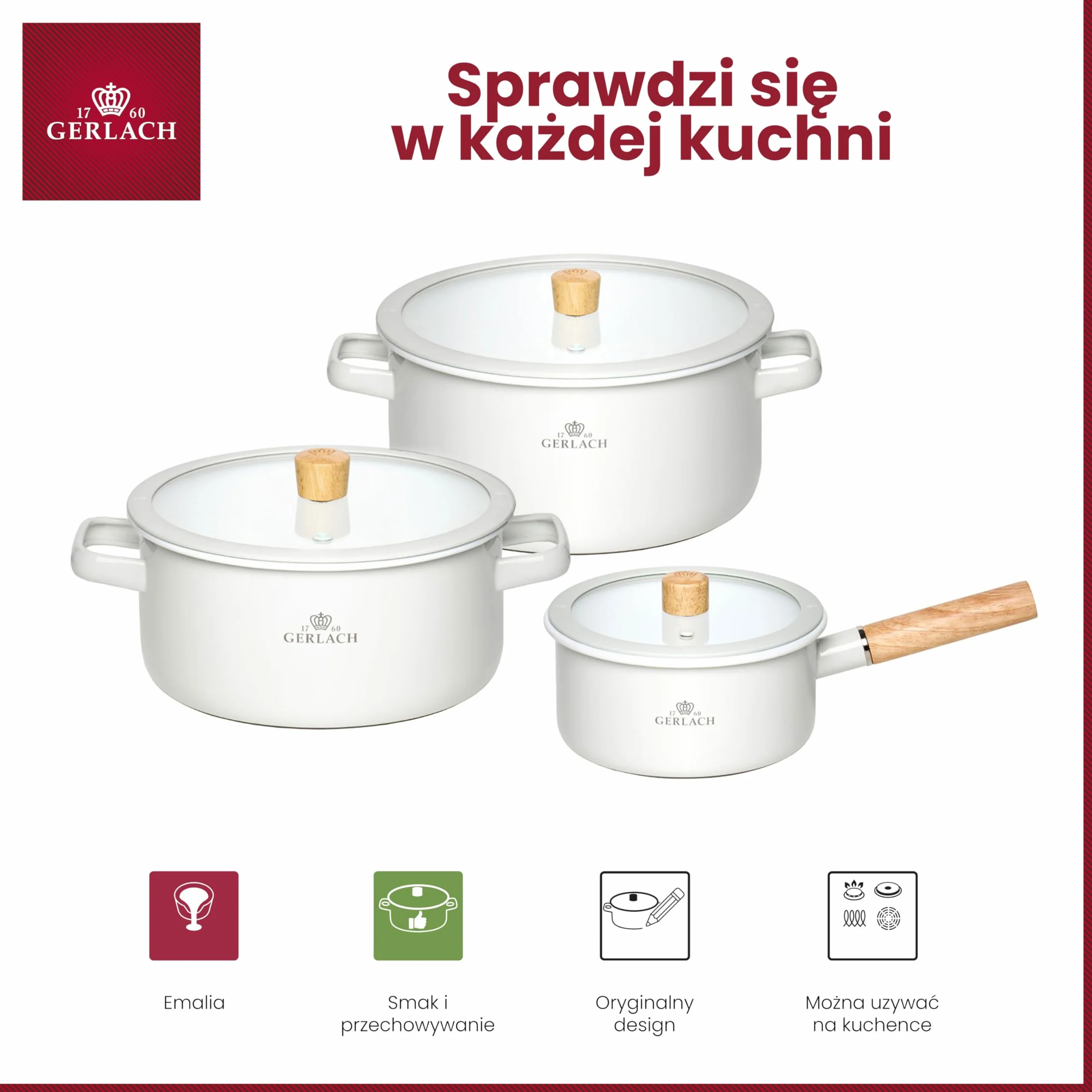 Gerlach 1760 Zestaw 3 Garnków - 2 l / 3 l / 5 l - Garnki Emaliowane - Wszystkie Kuchenki - Pokrywka ze Szkła Hartowanego - Biały Natur Enamel