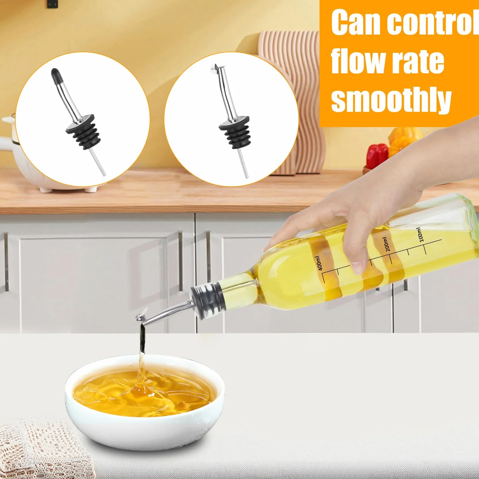 Szklana butelka z dozownikiem oliwy z oliwek, 2 x 500 ml, łatwe nalewanie, szczelna, z szerokim otworem i wyjmowanym filtrem butelka na olej - zapasowe wylewki
