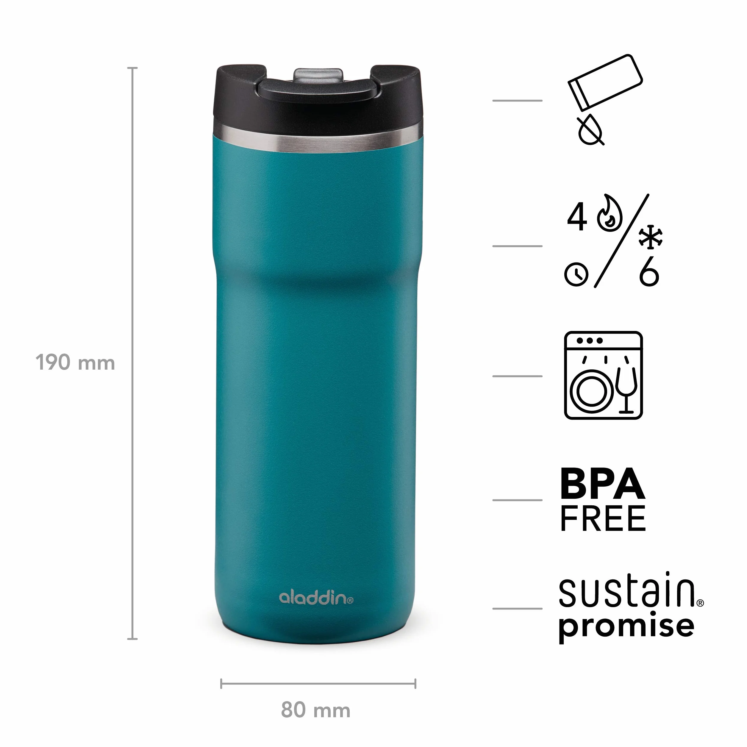 Aladdin Barista Café Travel Mug 0.47L Aqua Blue – Szczelny - Kubek z izolowanymi próżniowo podwójnymi ściankami - Utrzymuje ciepło przez 4 godziny - Bez BPA - Do mycia w zmywarce