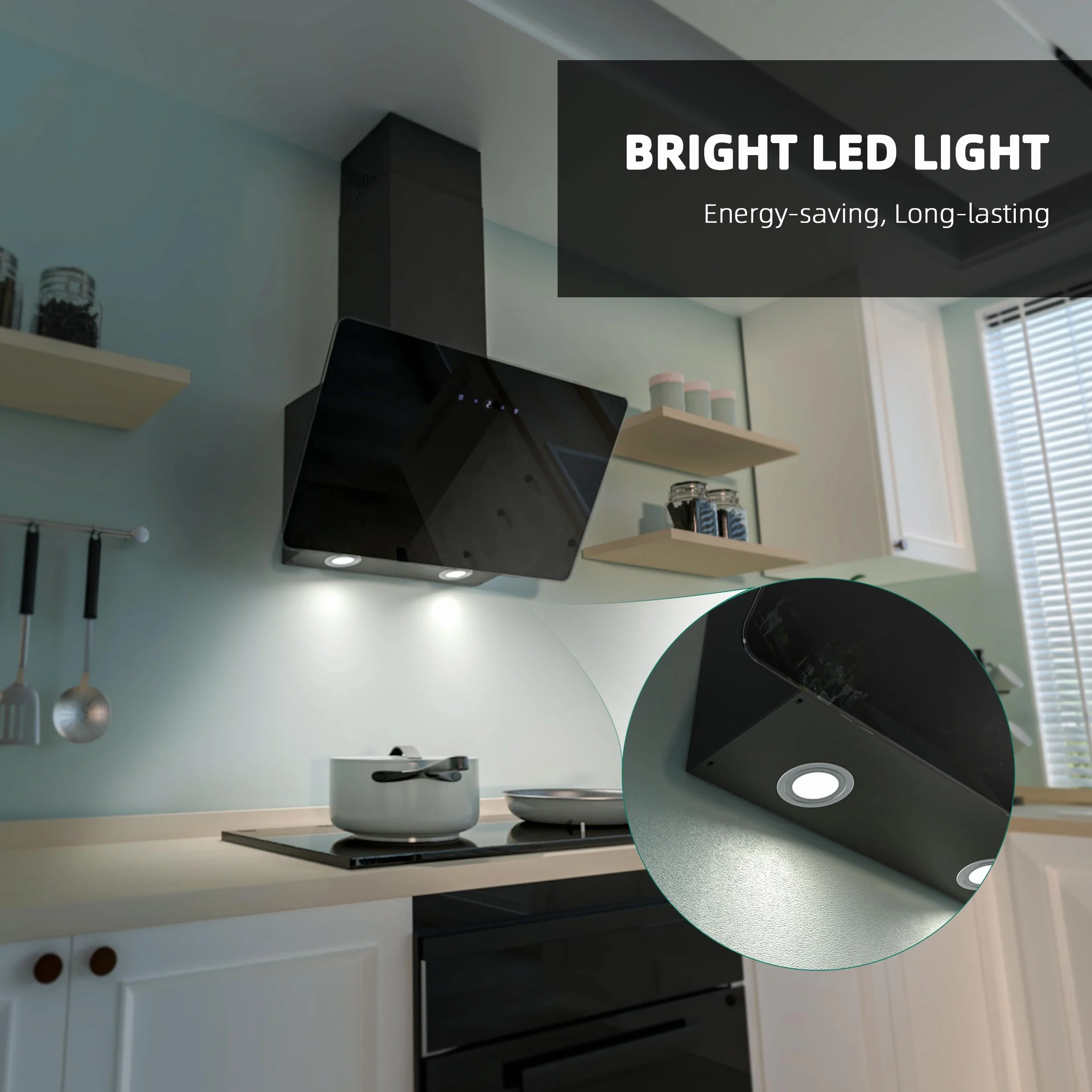 FIREGAS Okap kuchenny 60 cm, z dotykowym sterowaniem, diody LED, silnik bezszczotkowy, niski poziom hałasu, wydajny okap, skośny, wydajność A++