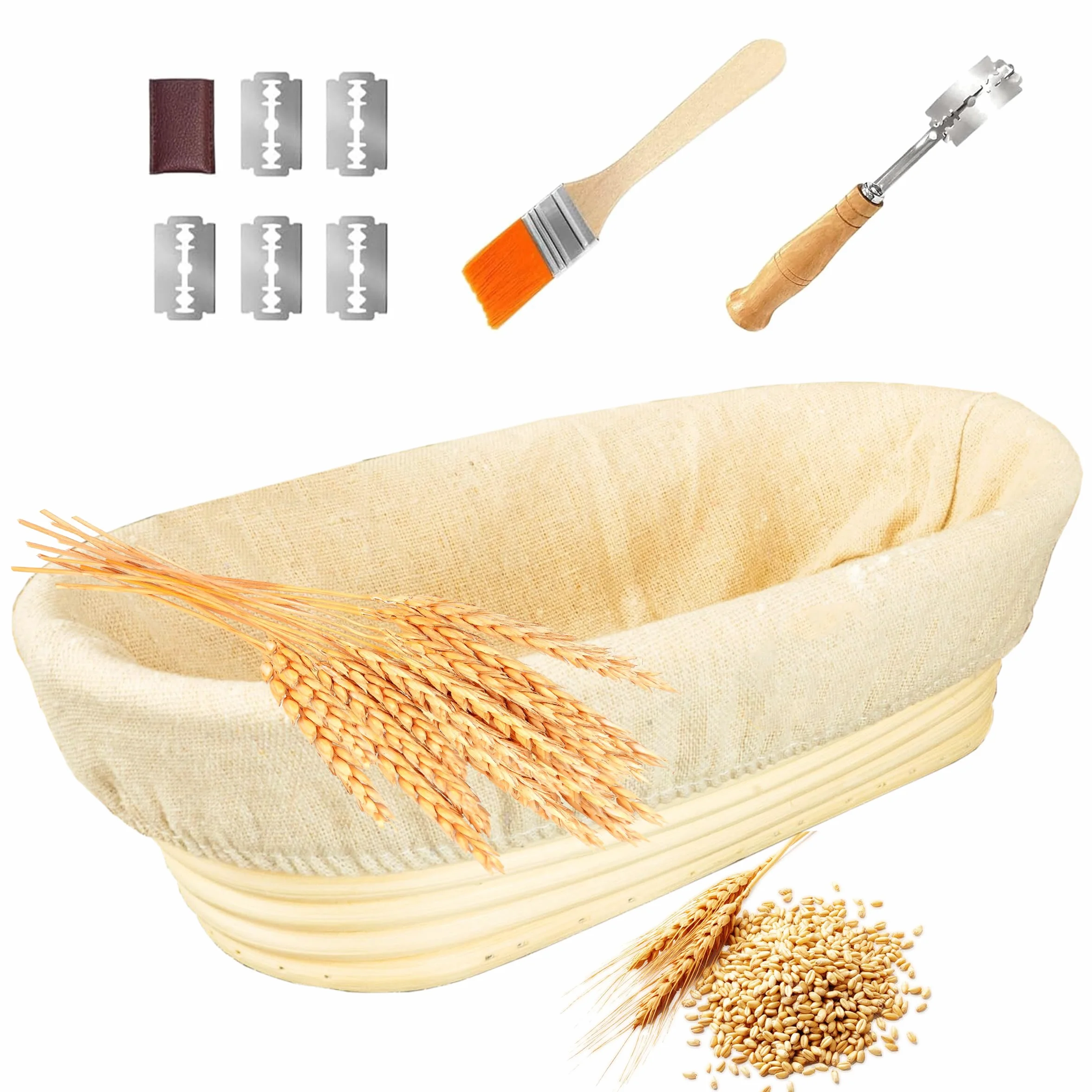 Koszyk do garowania owalnego 25 cm, zestaw koszyków do garowania ciasta, 1 kg, do pieczenia chleba, szczotki, noża do chleba, chusteczki, płóciennego worka na chleb, torba proofing Basket