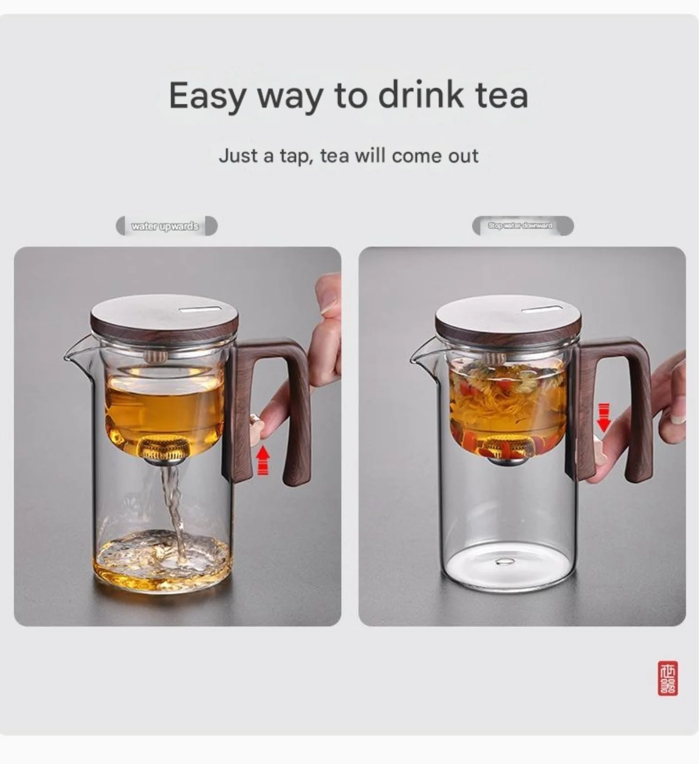 Generisch Enchanti Tea Pot, Enchantipot Magic Tea Po, szklany pojemnik na herbatę z drewnianą rączką, kontrola nacisku, magiczny garnek do herbaty, Enchantipot Magic Pot