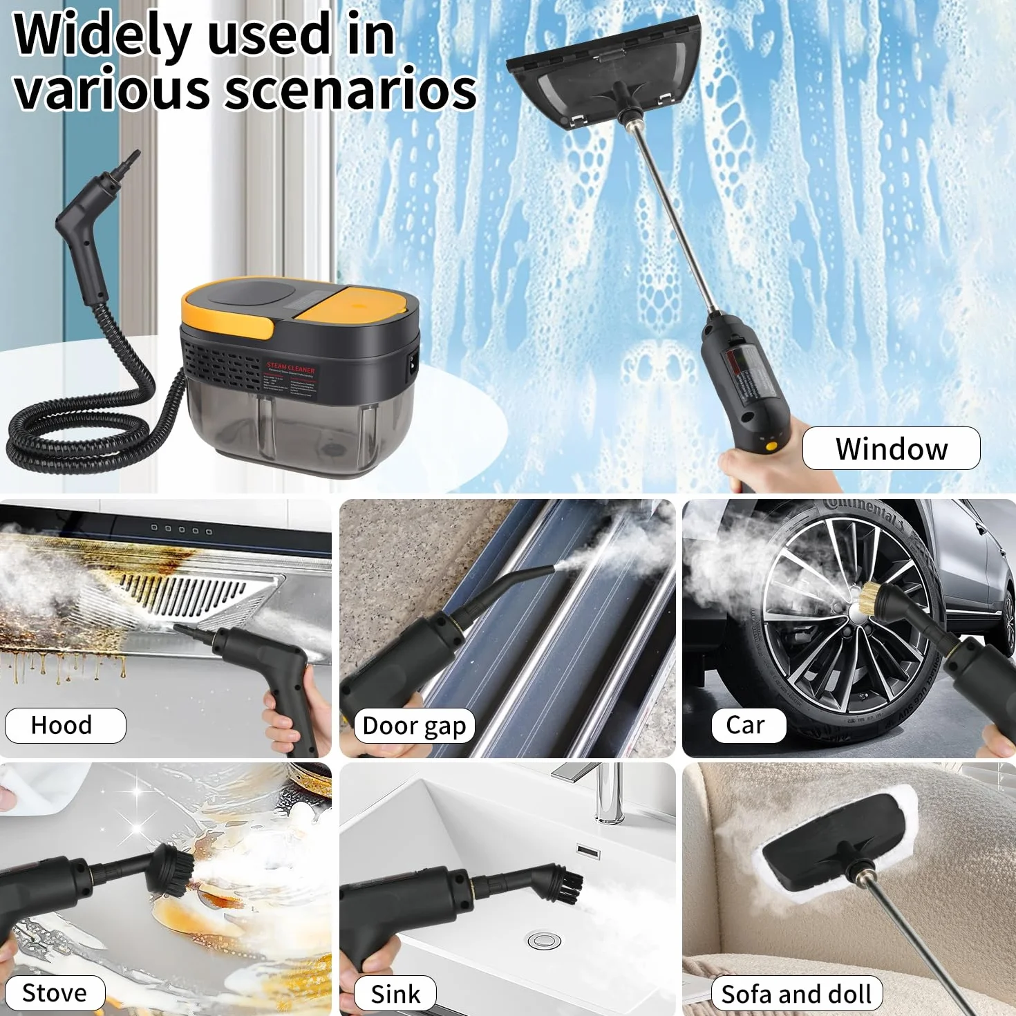 Ręczna myjka parowa 2500 W, zbiornik na wodę 1600 ml, 3-stopniowa regulacja uchwytu, wysoka temperatura 105℃ i ciśnienie 3 bar, szybkie nagrzewanie w 15 sek., 10 akcesoriów, do samochodu/okna/kuchni