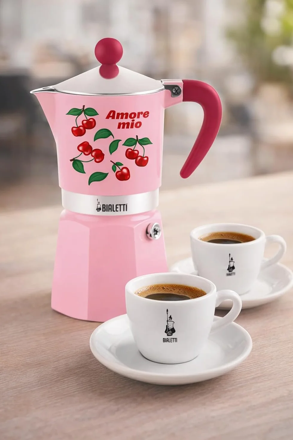 Ekspres do kawy Bialetti Moka Rainbow Amore Mio na 3 filiżanki, czerwony z wiśniami, aluminium, 130 ml, ręczne przygotowywanie kawy espresso