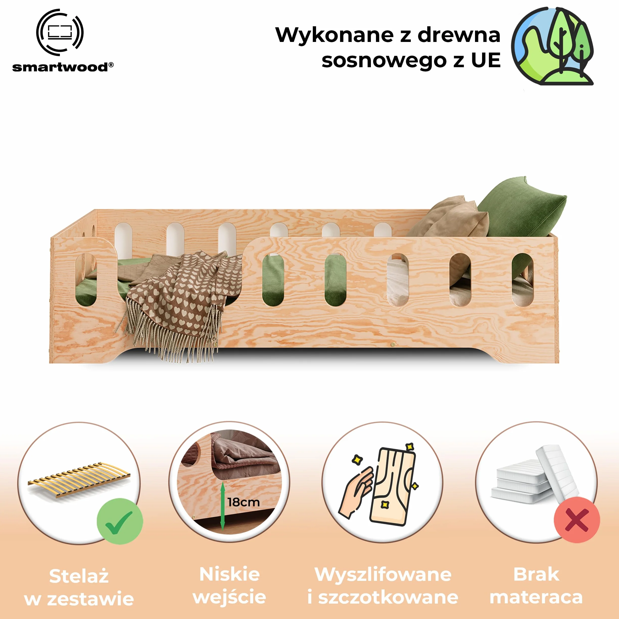 smartwood Łóżko Dziecięce 90x200 Drewniane z Barierką i Stelażem - TILA 2L - Naturalne Łóżko Podłogowe Jednoosobowe Dla Chłopaka i Dziewczynki - Łatwy Montaż oraz Udźwig do 230 kg