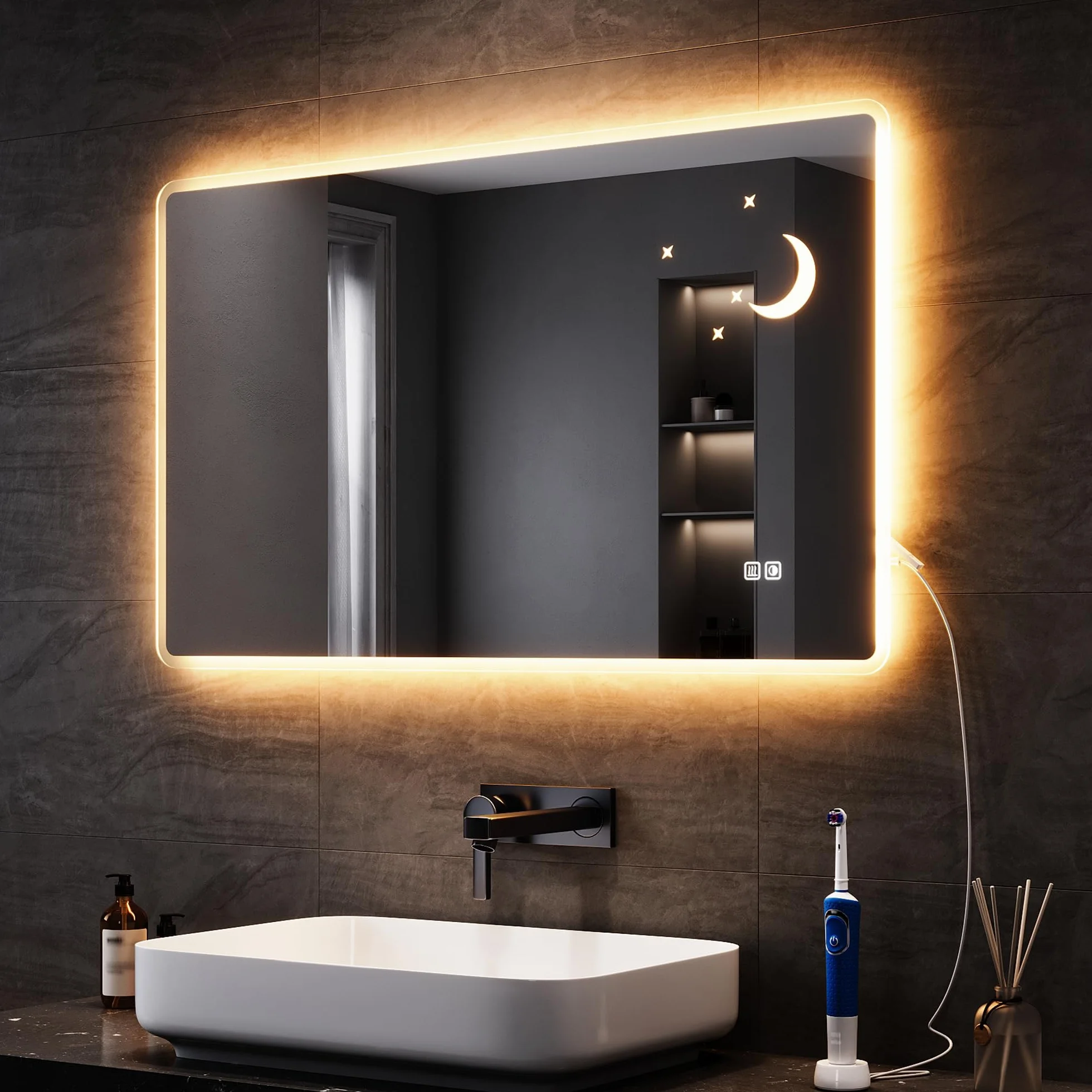 SONNI Lustro łazienkowe z oświetleniem LED, 100 x 60 cm, z włącznikiem dotykowym, możliwość ściemniania, bez zaparowania, 3 regulowane kolory światła, gniazdko elektryczne