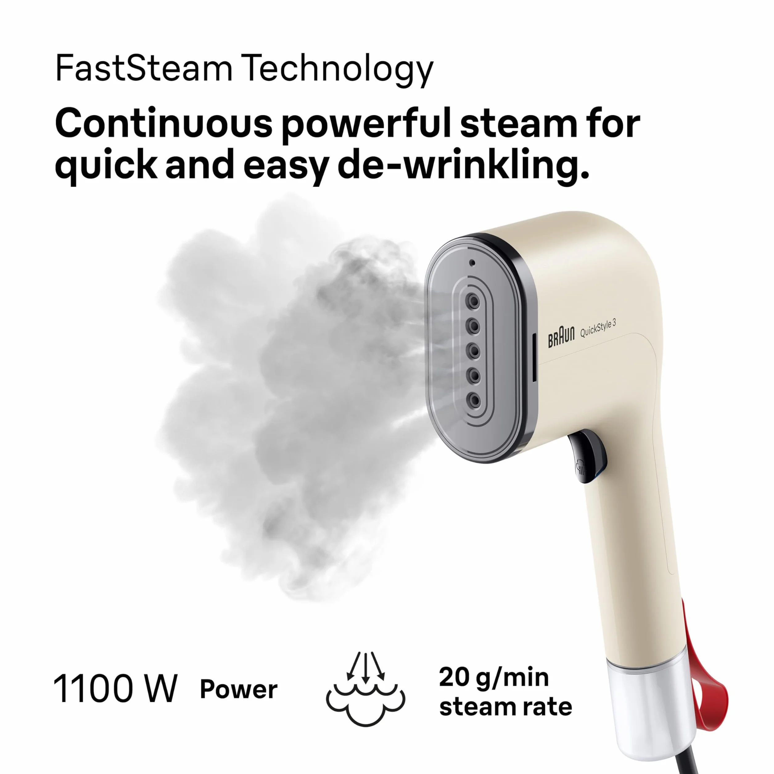 Braun QuickStyle 3 GS3012BG, kompaktowe i lekkie pionowe żelazko, szybkie nagrzewanie parownica, 20 g/min, wyjmowany zbiornik 70 ml, obudowa termoistniejąca, 1100 W, beżowy