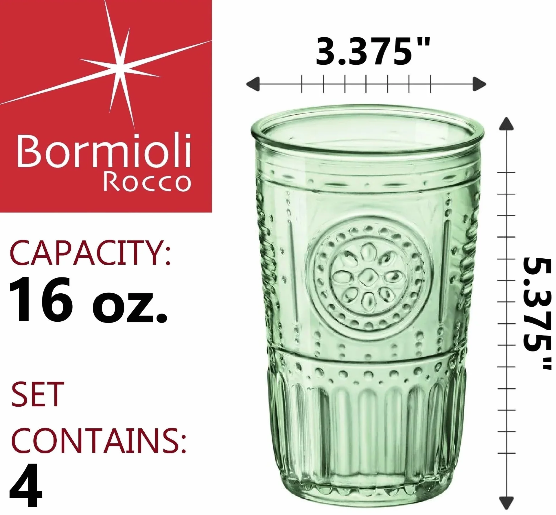 Bormioli Rocco Romantyczny zestaw 4 szklanek chłodzących, 473 ml kolorowe szkło kryształowe, pastelowa zieleń, wyprodukowano we Włoszech.