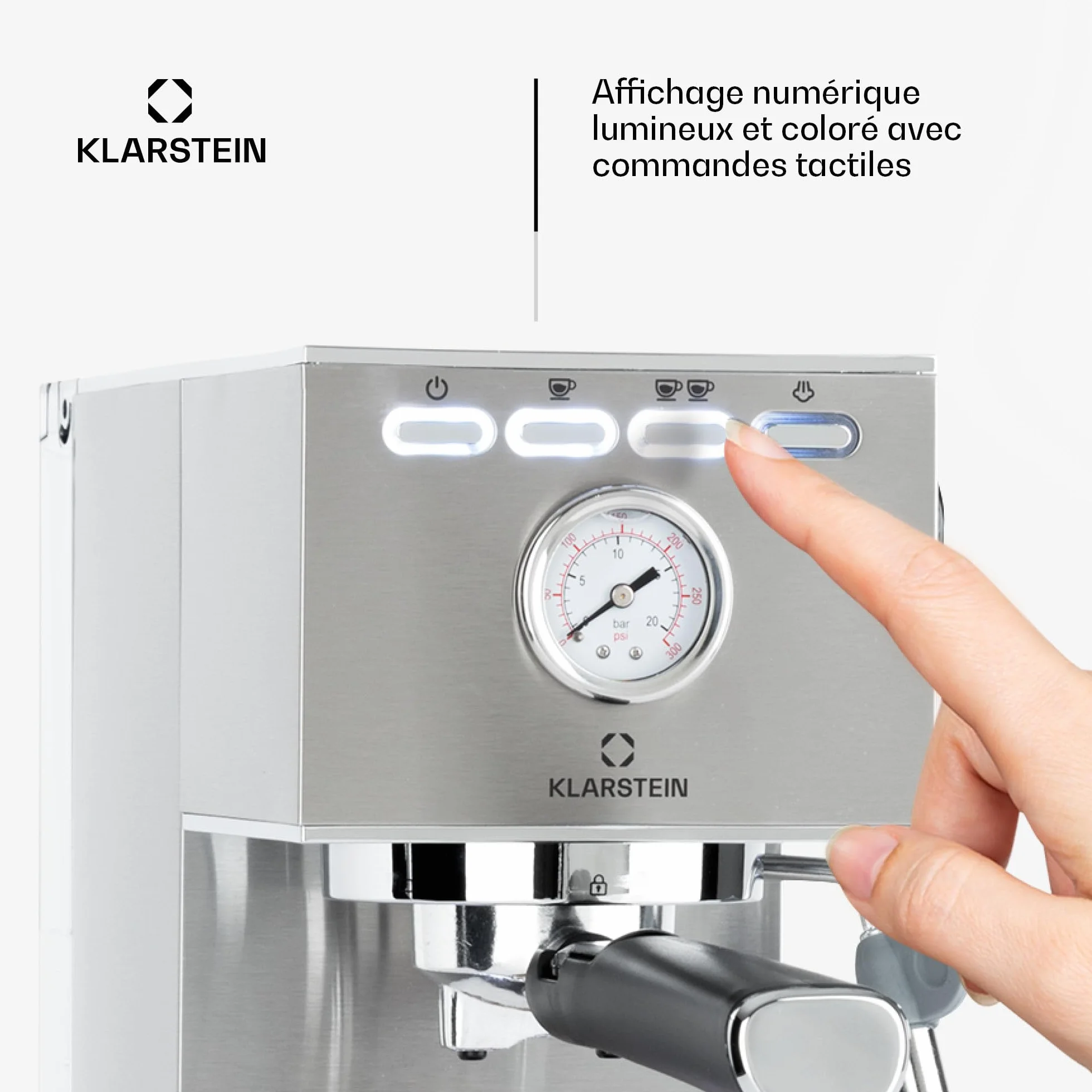 Klarstein Pausa Ekspres do espresso, Ekspres kolbowy 1350 W, 7-9 barów ciśnienia, Kolbowy do kawy ze zbiornikiem: 1,4 litra, Stal nierdzewna, srebrny
