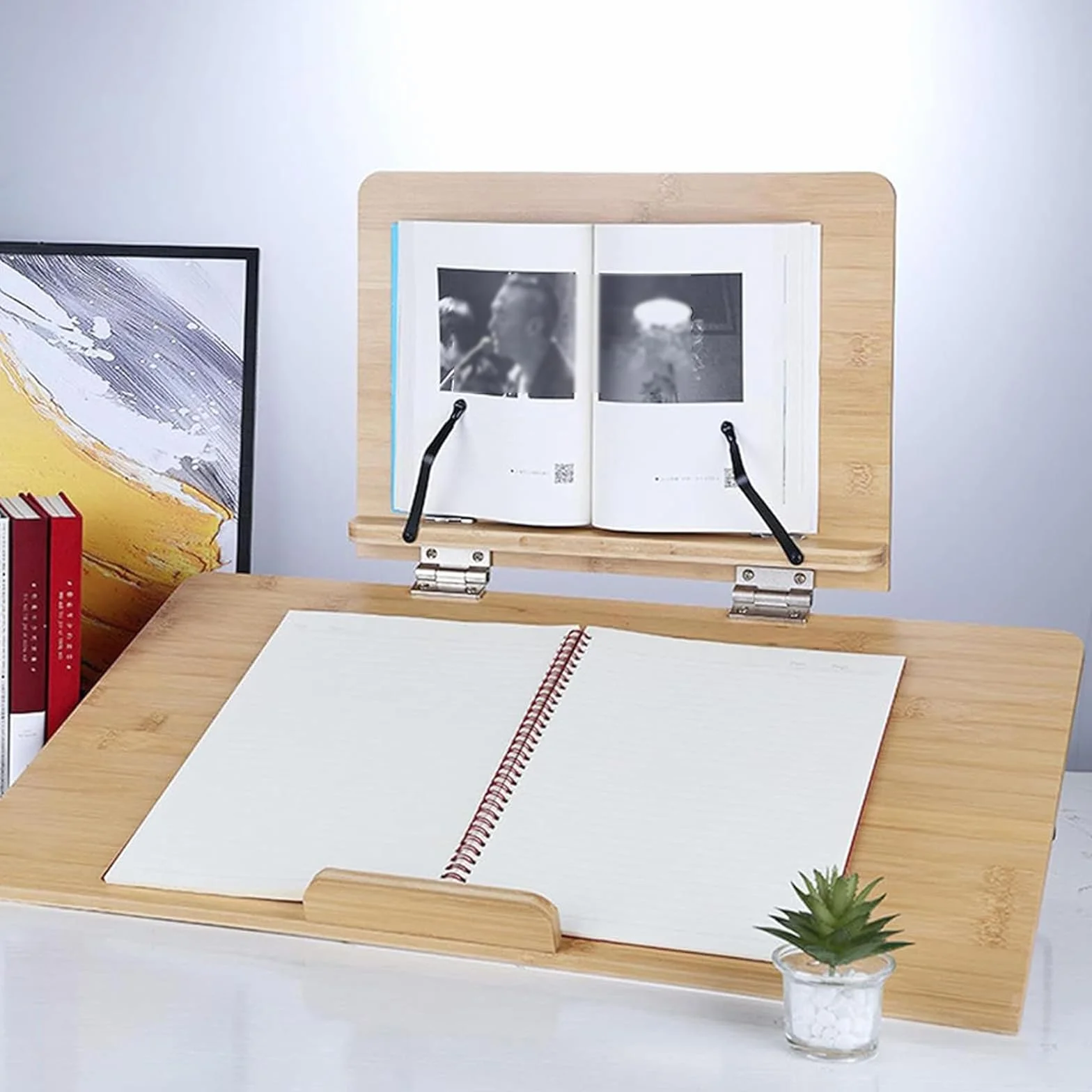 Bambusowy stojak na książki, regulowany uchwyt do czytania, składany nachylenie do pisania, laptopa, tablet, idealny do czytania, pisania, pracy, 6 kątów dla ergonomicznego komfortu