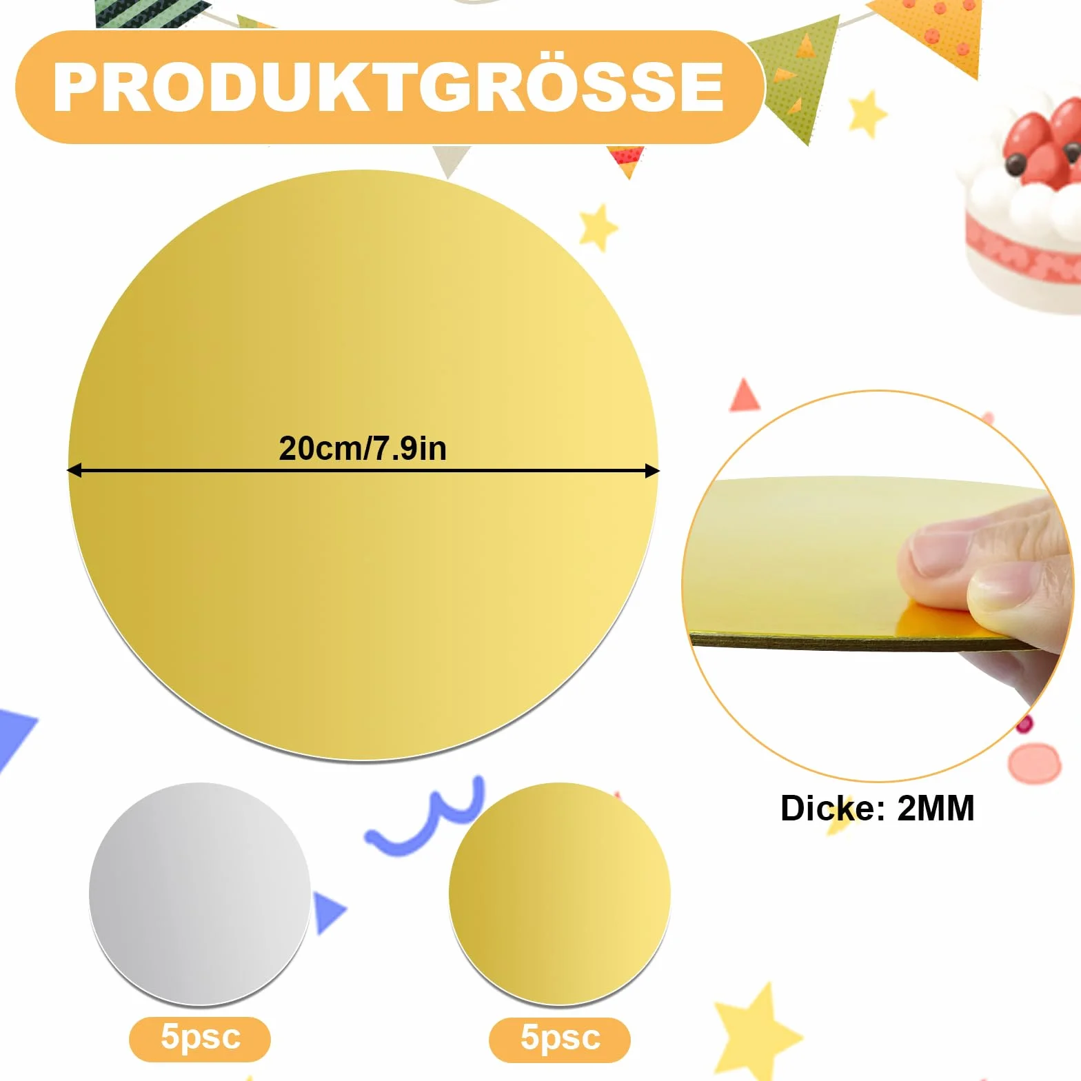 10 sztuk paterek na tort 2 mm, kartonowe podkładki wielokrotnego użytku, powlekane, dwustronne zastosowanie, do transportu ciast i tortów (srebrne i złote)