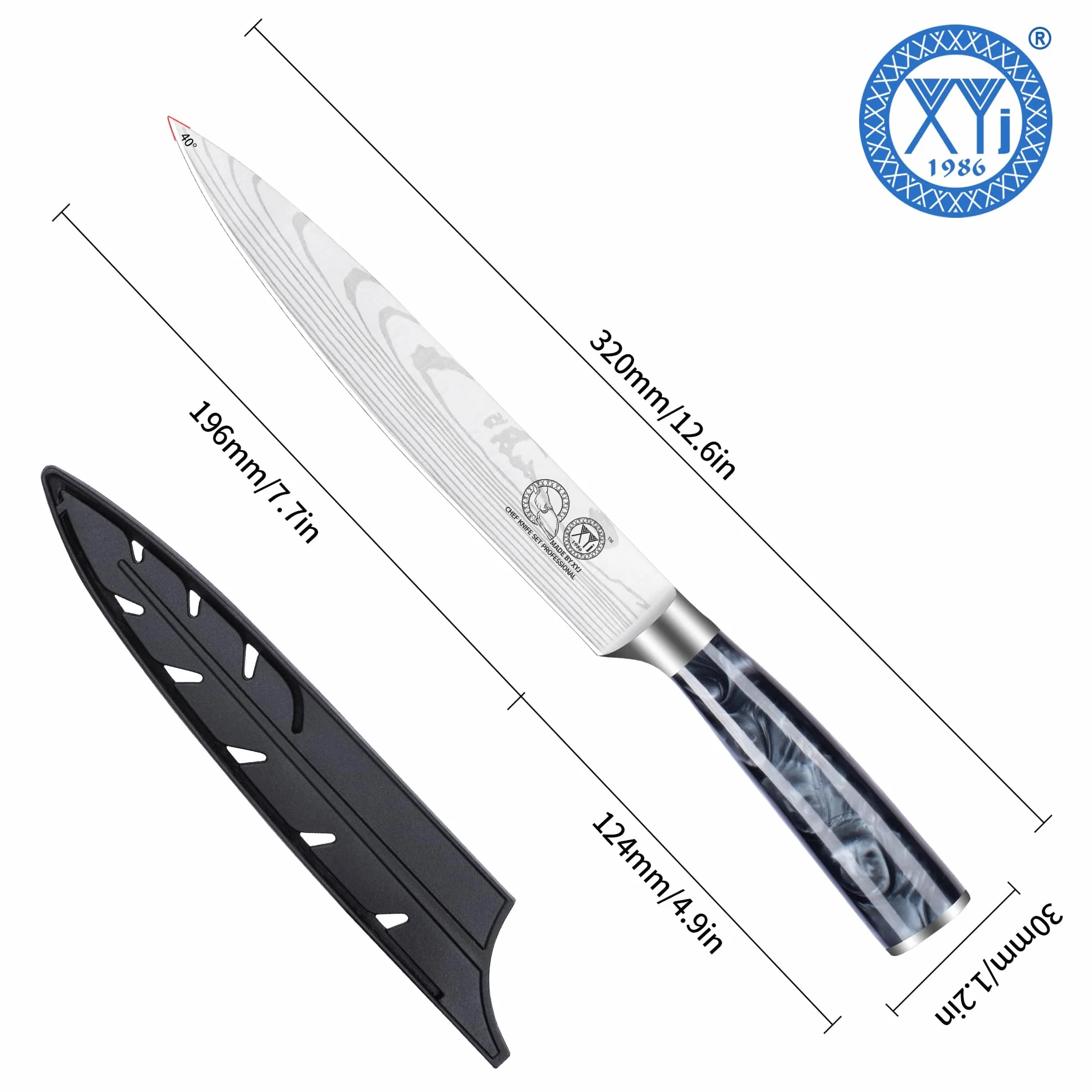 XYJ Professional Kitchen Knife,Stainless Steel 8 Inch Slicing Knife,Laser Damascus Pattern,Resin Handle,Kitchen Knife With Sleeve,Resin Handle,Japanese Chef Knife
