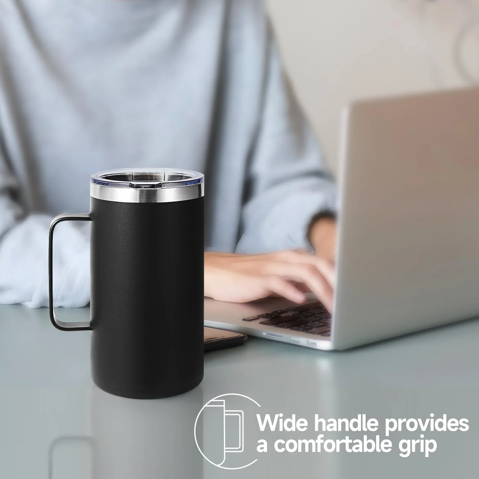 Volhoply 700 ml izolowany kubek do kawy z pokrywką i słomką, kubki podróżne ze stali nierdzewnej z uchwytem, szczelny kubek do kawy z podwójną ścianką do gorących i zimnych napojów (czarny, 1