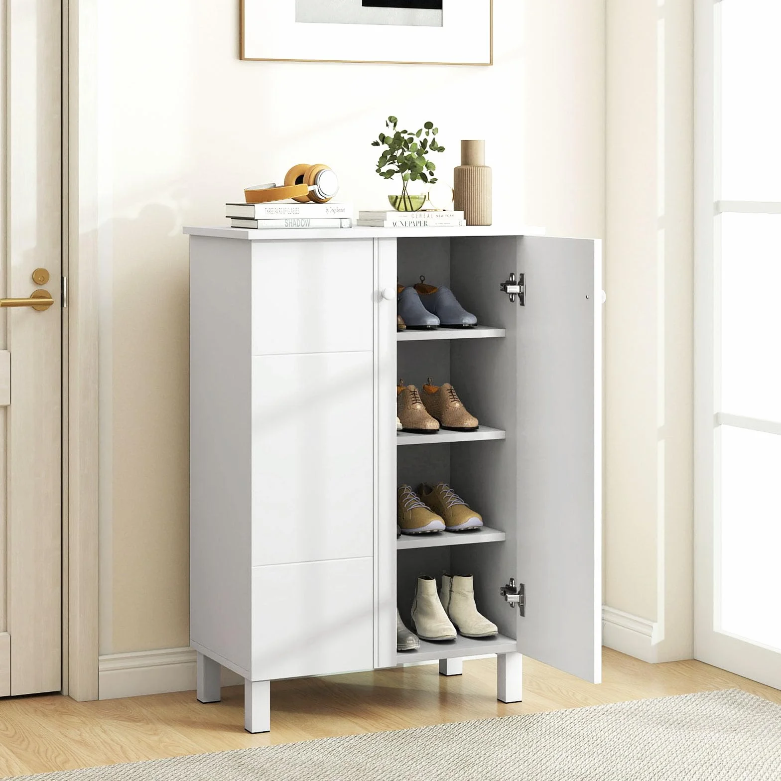 COSTWAY Szafka na buty 4-poziomowa drewniana biała 60x33,5x90 cm