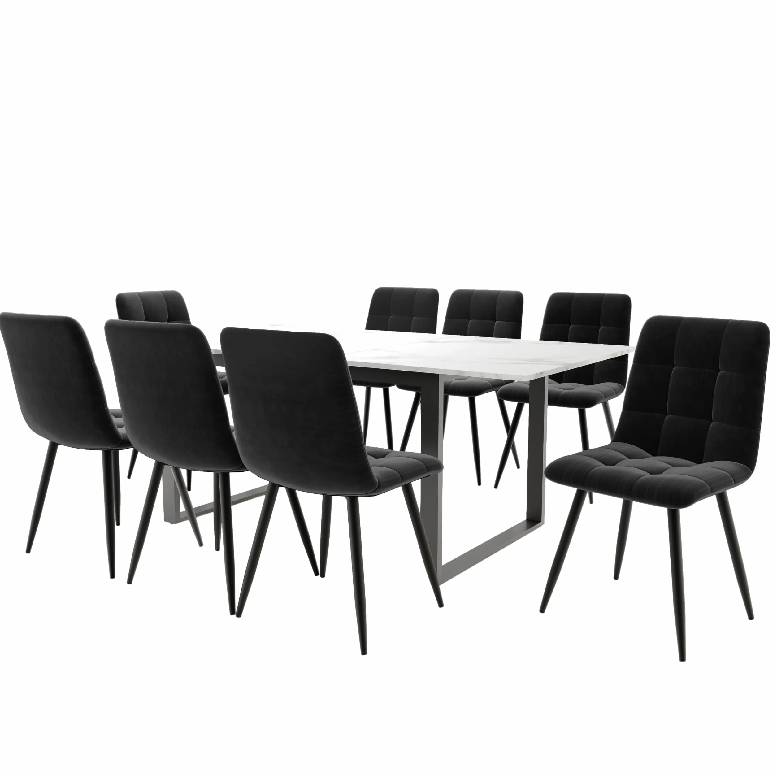 Nowoczesny stół do jadalni z 8 krzesłami, składany, wysuwany (140/180 x 80 x 75 cm), biały blat z płyty MDF, czarny aksamit, elastyczne nóżki regulacyjne, idealny dla rodziny i spotkań towarzyskich.