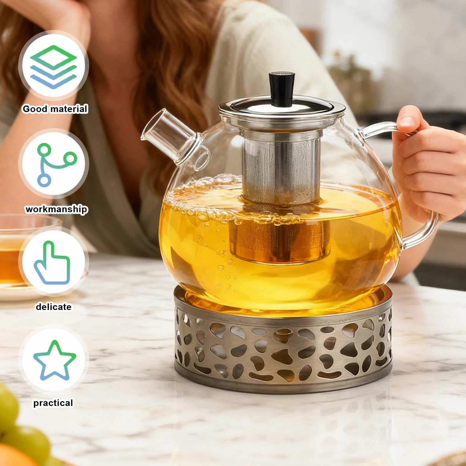 Dzbanek do herbaty ze szkła borokrzemowego, 1500 ml, z sitkiem, podgrzewaczem i pokrywką, nadaje się do mycia w zmywarce, do luźnej herbaty, herbaty owocowej, długo utrzymuje ciepło (1,5 l, nadaje się