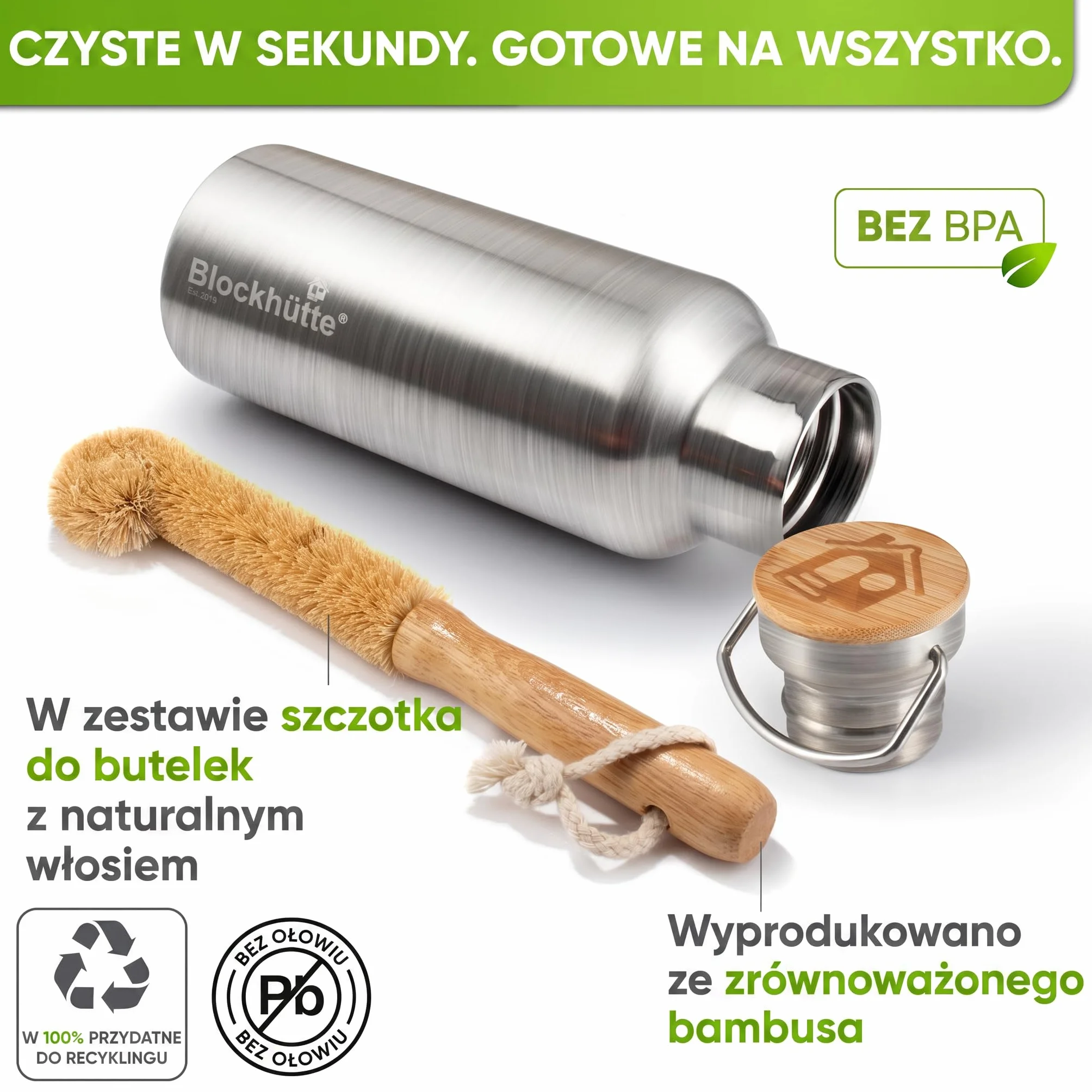 Blockhütte. Butelka na napoje, ze stali nierdzewnej, premium, izolowana, 1 l, z ekologiczną szczotką do czyszczenia butelki, zabezpieczona przed wyciekiem, nadaje się do zmywarki, do biura, bez bisfenolu A