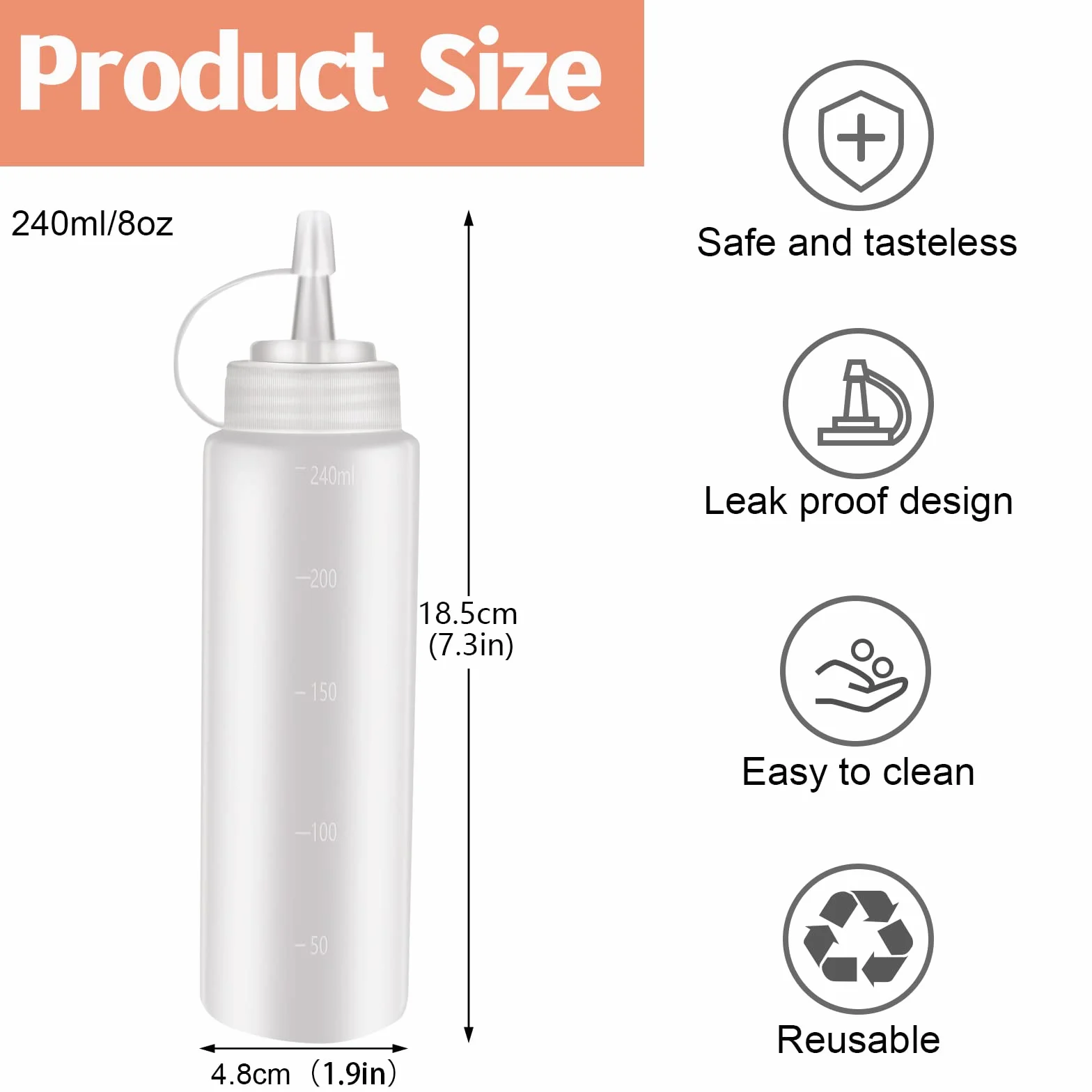 6 szt. 200 ml butelki do wyciskania, z tworzywa sztucznego, z zakrętką i miarką, pojemnik do keczupu, musztardy, BBQ, sosów, przypraw, sałatek, dressingów, oliwy z oliwek