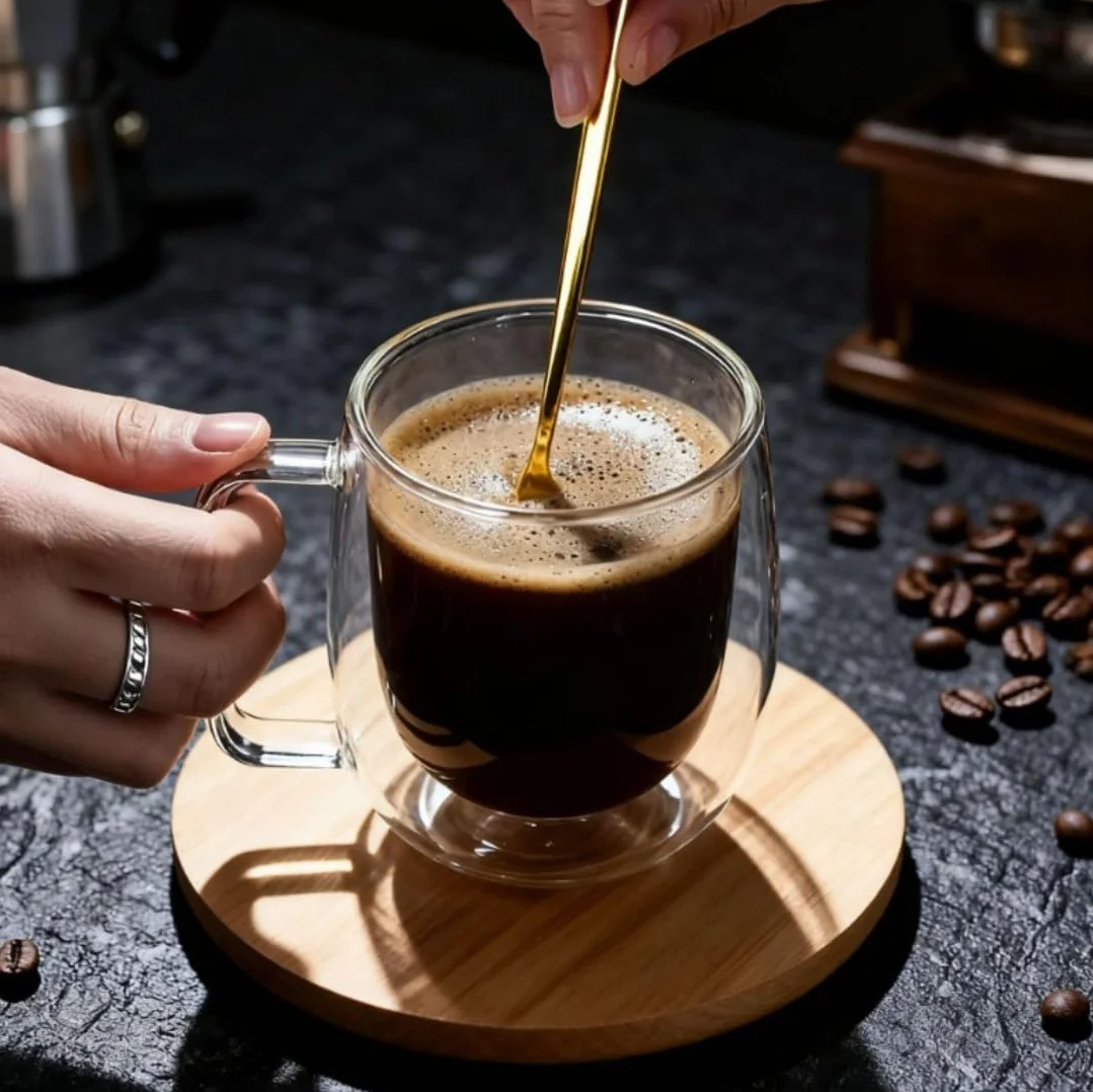 Szklane kubki do kawy z podwójnymi ściankami, zestaw dwóch filiżanek do herbaty, izolowane i niekondensacyjne, z uchwytem, przezroczyste szklane kubki do kawy latte, cappuccino, torebkę na