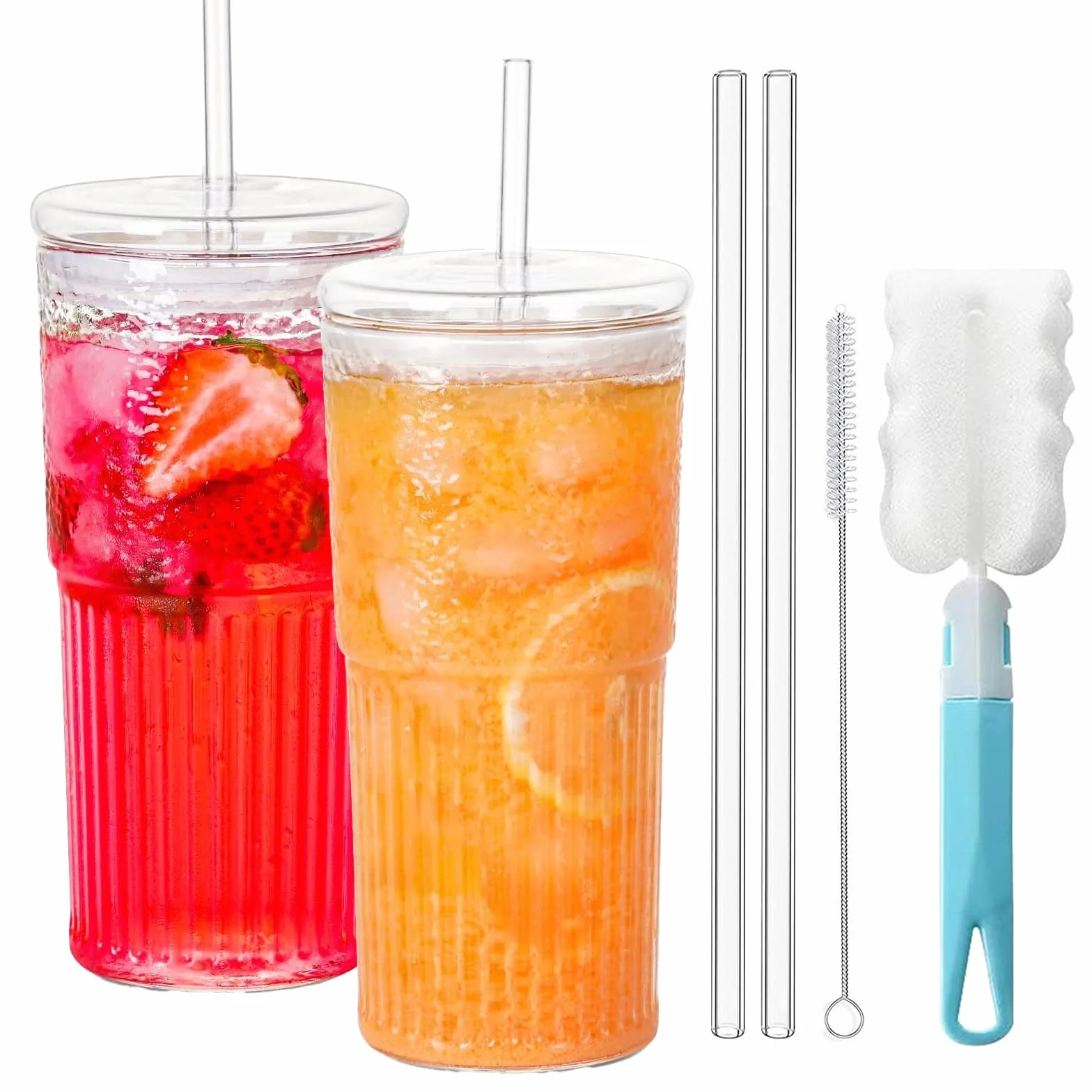 DAZZTIME 2 Przezroczyste Szklane Kubki na Wodę W Paski, Z Pokrywką i Słomką, Żłobione Do Longdrinków, Herbaty Bąbelkowej, Mrożonej Kawy, Soku