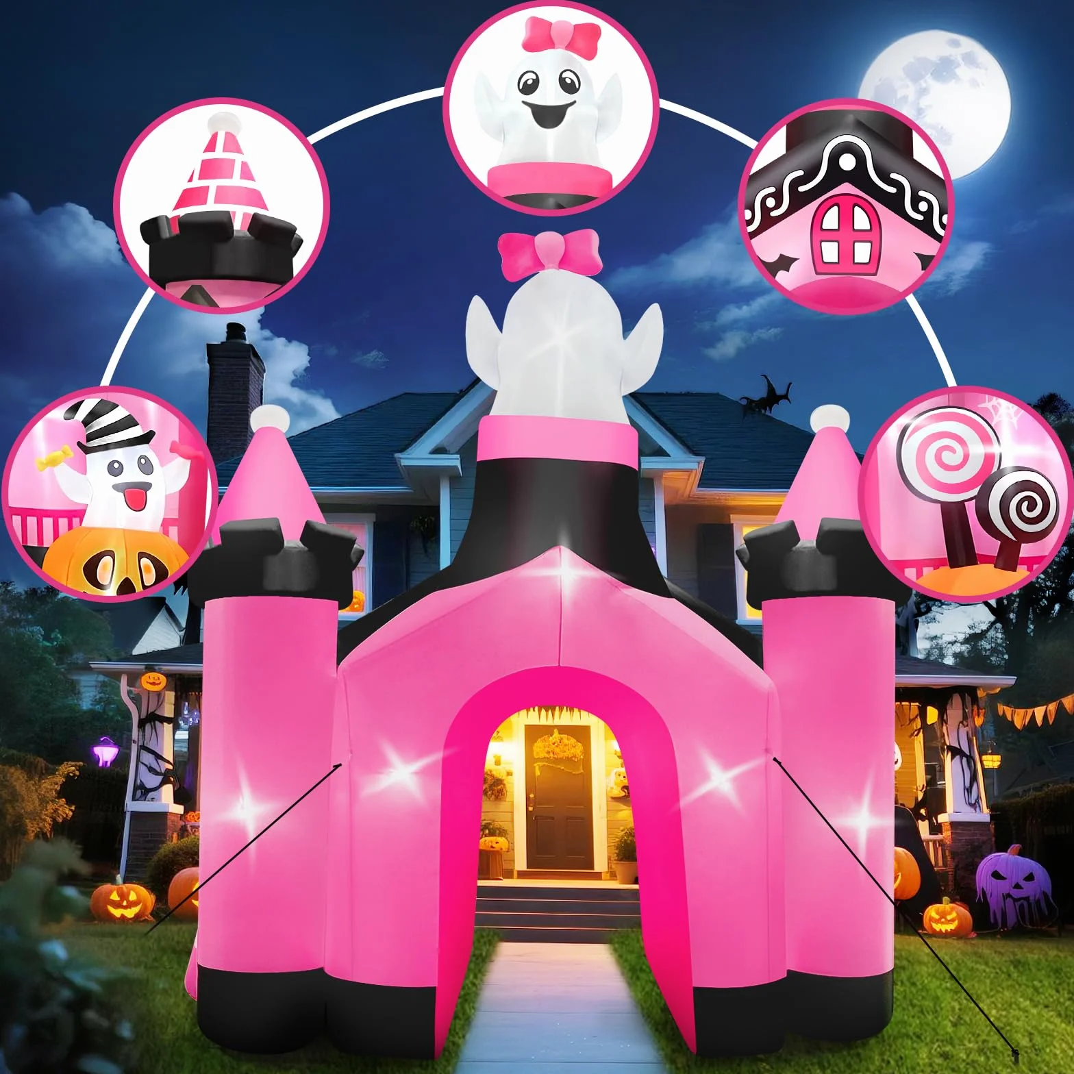 Kalolary 11FT Nadmuchiwany łuk w kształcie zamku wysokości Halloween dekoracja zewnętrzna, gigantyczny różowy łuk z uroczą dynią i duchem na imprezę halloweenową, na zewnątrz, do ogrodu, na trawnik