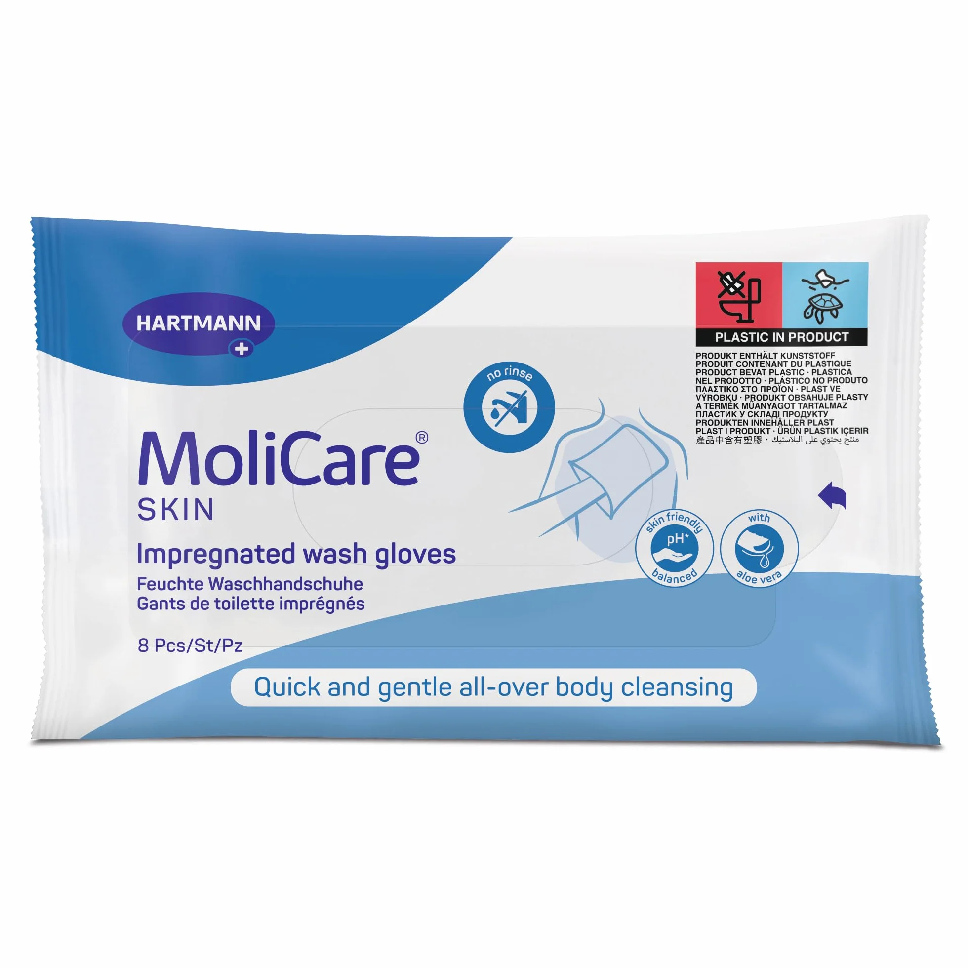 MoliCare Skin - Impregnowane rękawice toaletowe na każdą okazję - mogą być podgrzewane lub chłodzone - pH neutralne dla skóry - 8 sztuk