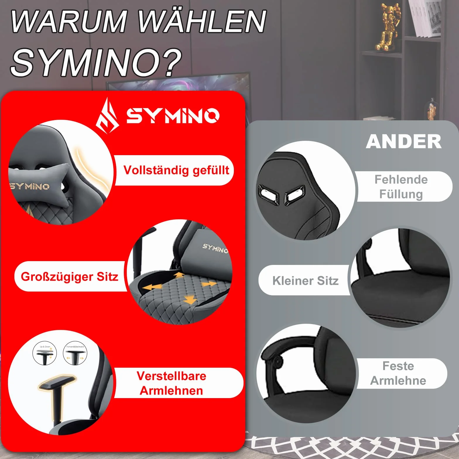 Symino Ergonomiczne Krzesło Gamingowe w Stylu Wyścigowym – Skóra Syntetyczna Vintage, Regulowane Podłokietniki, z Podnóżkiem/Szary