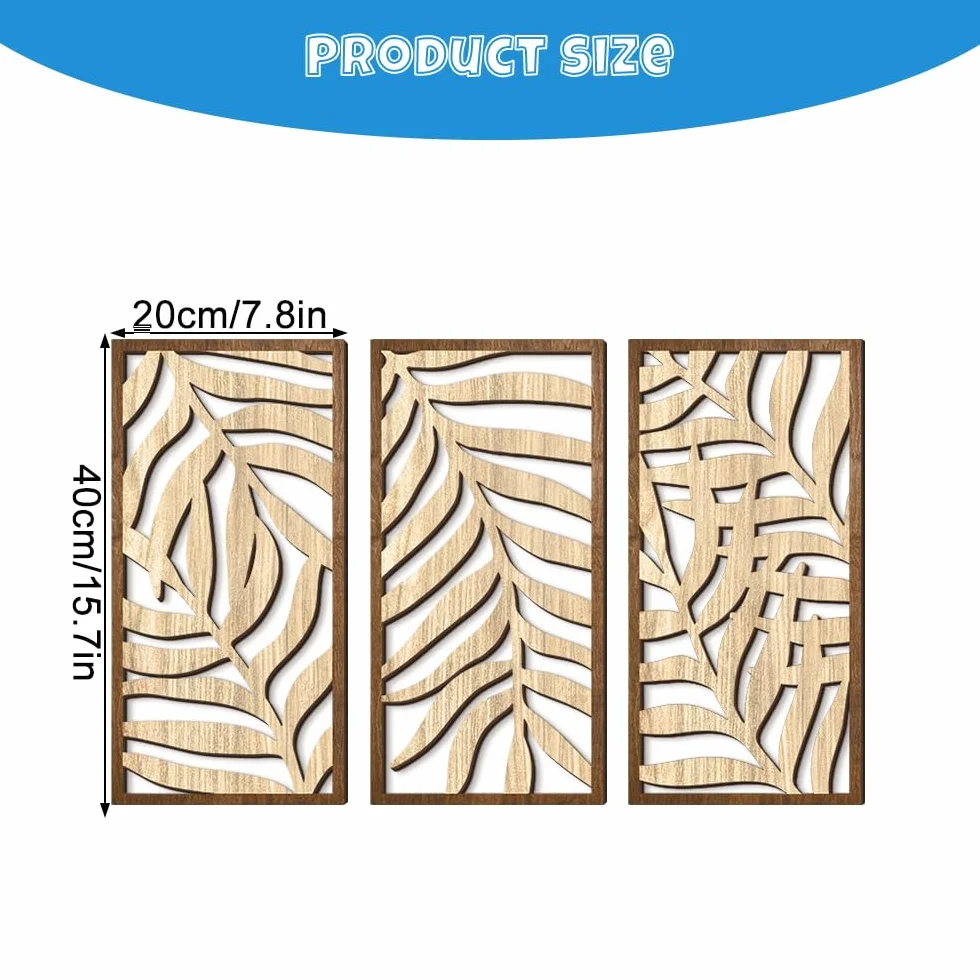 Rongxze Nordycki zestaw drewnianych ścian – 3 panele dekoracyjne ze wzorem liści (40 x 20 cm), dekoracja ścienna, obrazy ścienne, naturalny styl do salonu/sypialni