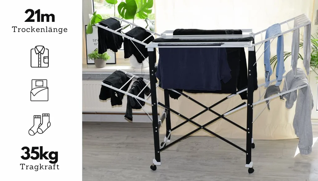Loving Home® składana suszarka na pranie, suszarka stojąca, wieża 175 x 83 x 112 cm, na kółkach, obciążenie do 35 kg, długość suszenia 21 m, stabilna, składana, z 4 skrzydłami