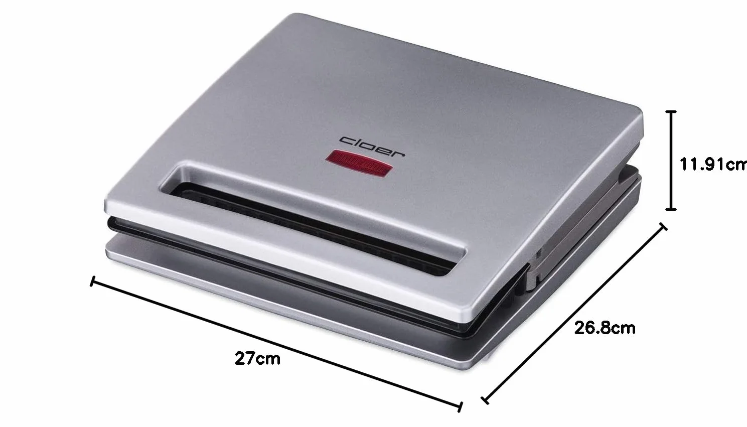 Cloer 6219 Opiekacz do kanapek, 900 W, dla 2 tosty podzielone po przekątnej, Kontrolka, srebrna