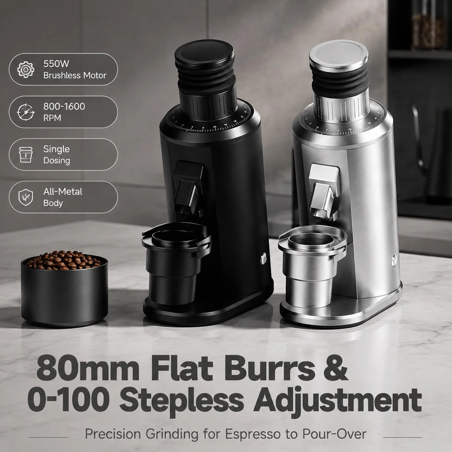 Single dose młynek burr elektryczny espresso – 80mm płaskie żarna, mikroregulacja, niska retencja, trwały, pro, dom & studio Silver