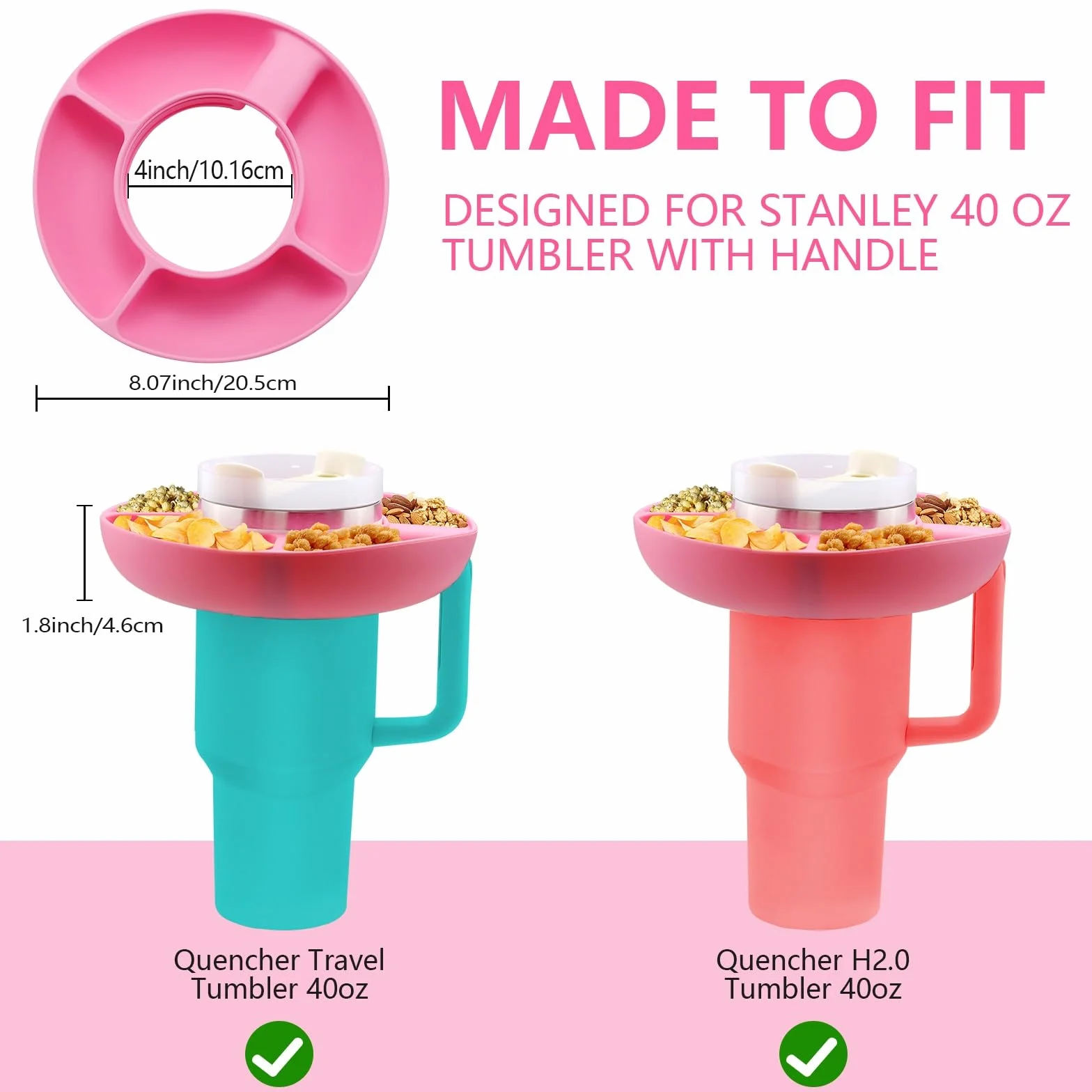 Stanley kubek 1200 ml, miska na przekąski, Nonpareil Stanley Cup Accessory, pierścień do przekąsek, wielokrotnego użytku, o dużej pojemności, 1200 ml, taca na przekąski z uchwytem (różowy)