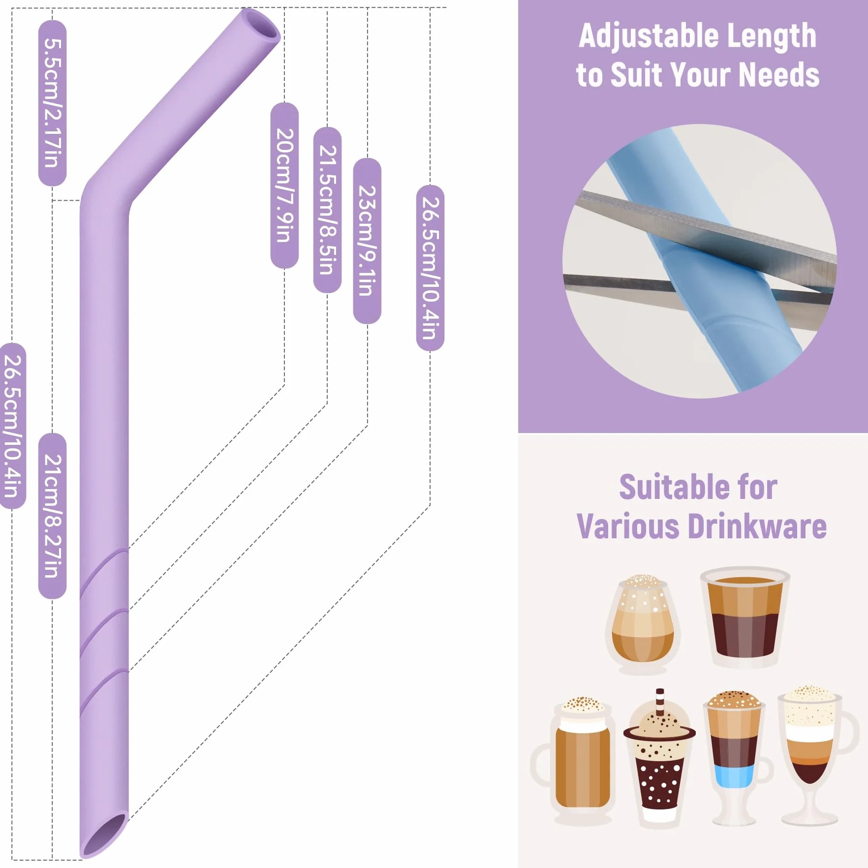 NiHome 6 sztuk silikonowych słomek wielokrotnego użytku, bardzo szerokie słomki do picia boba, smoothies i Bubble Tea, możliwość przycięcia, nie zawierają BPA, z 2 szczotkami do czyszczenia, nadają