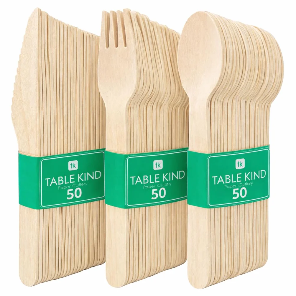 Table Kind 150 x biodegradowalne drewniane sztućce, noże, widelce, łyżki, urodziny, Boże Narodzenie, kemping, piknik lub grill, catering, przybory kuchenne 17 cm