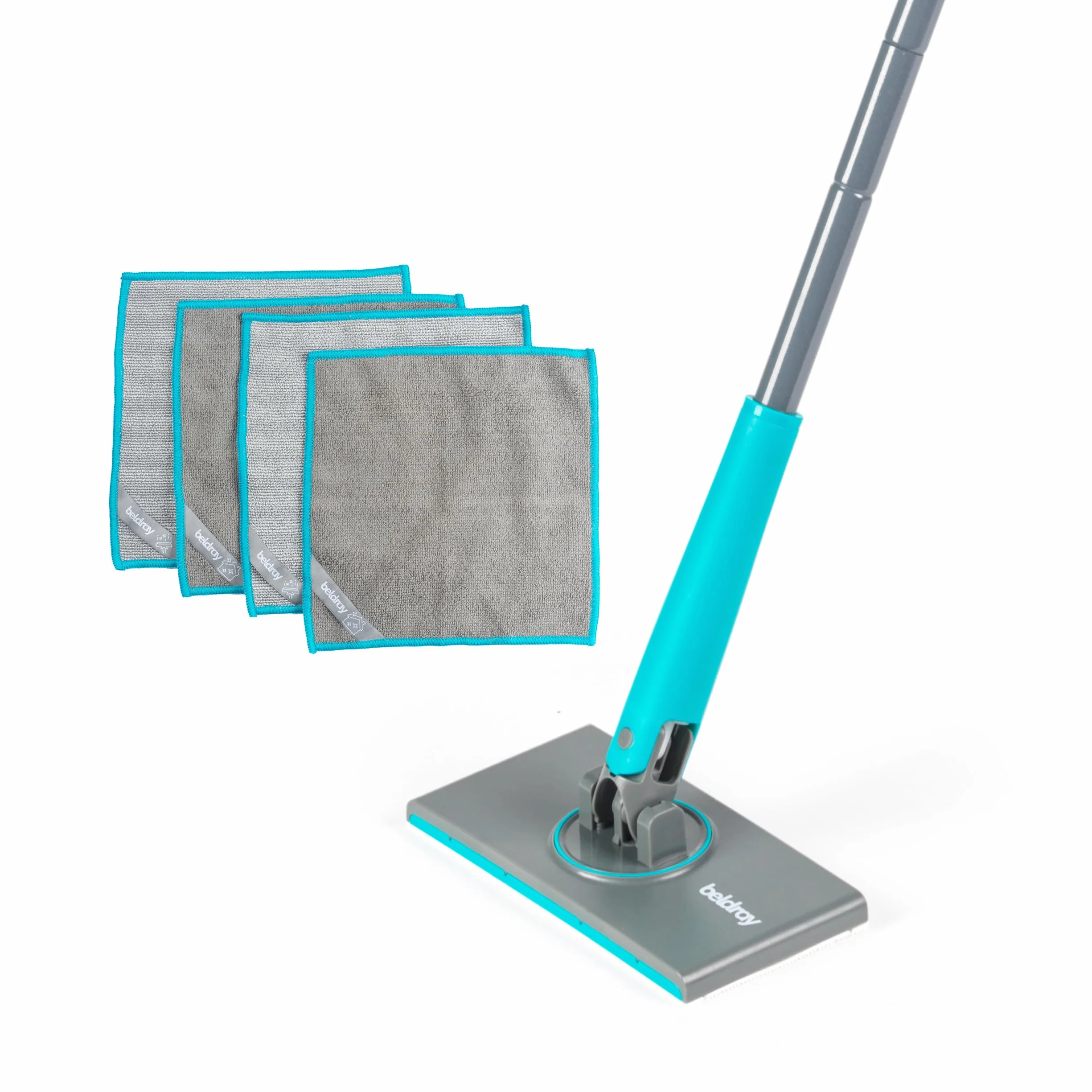 Beldray Anti-Bac Mop łazienkowy z zaczepem Clip-to-Grip - Duża końcówka mopa, Płytki/Podłoga/Lustra/Wanna, Higieniczne uchwyty na kliknięcie, Główka obrotowa 360°, 4 ścierki
