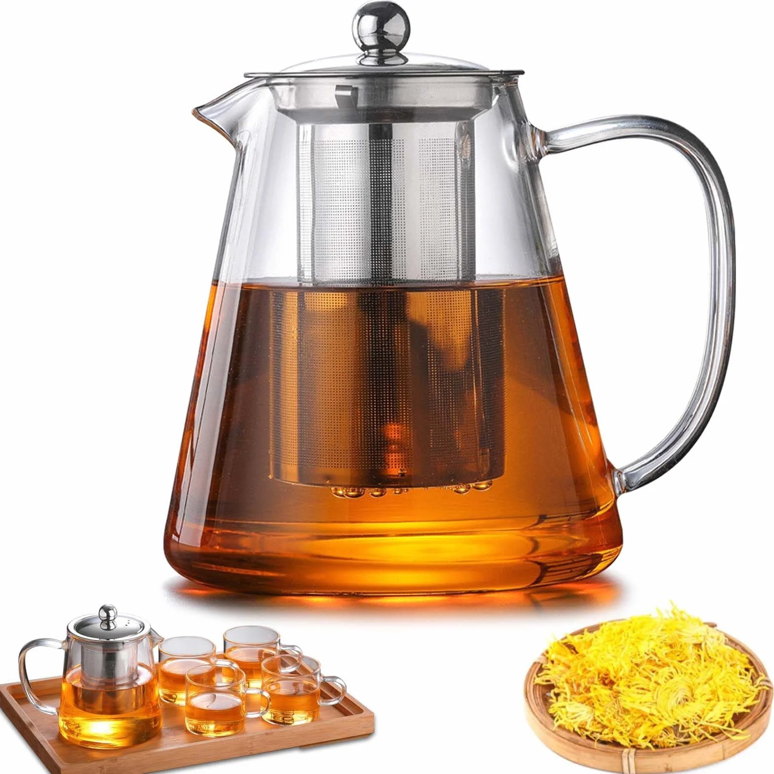 Dzbanek do herbaty z wkładem cedzakowym i pokrywką: 1300 ml dzbanek do herbaty ze szkła borokrzemowego, szklan dzbanek do herbaty z odpinanym wkładem cedzakowym, szklan dzbanek do herbaty, odporny na