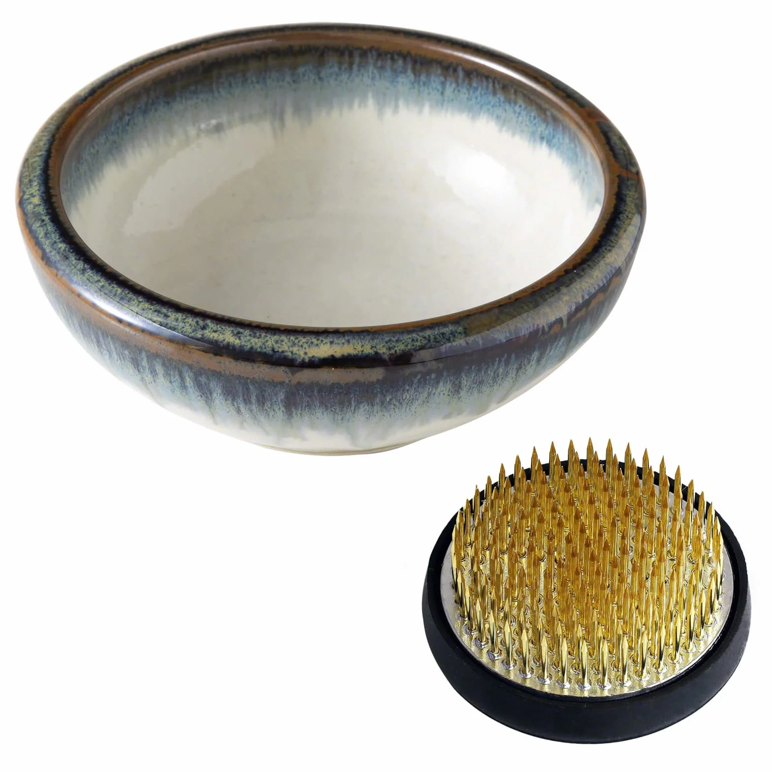 Wazakura Minoyaki Japoński zestaw narzędzi Ikebana – mały okrągły ceramiczny wazon na kwiaty i żaba Kenzan do układania kwiatów (biały i niebieski wazon + 61 mm mosiądz Kenzan)