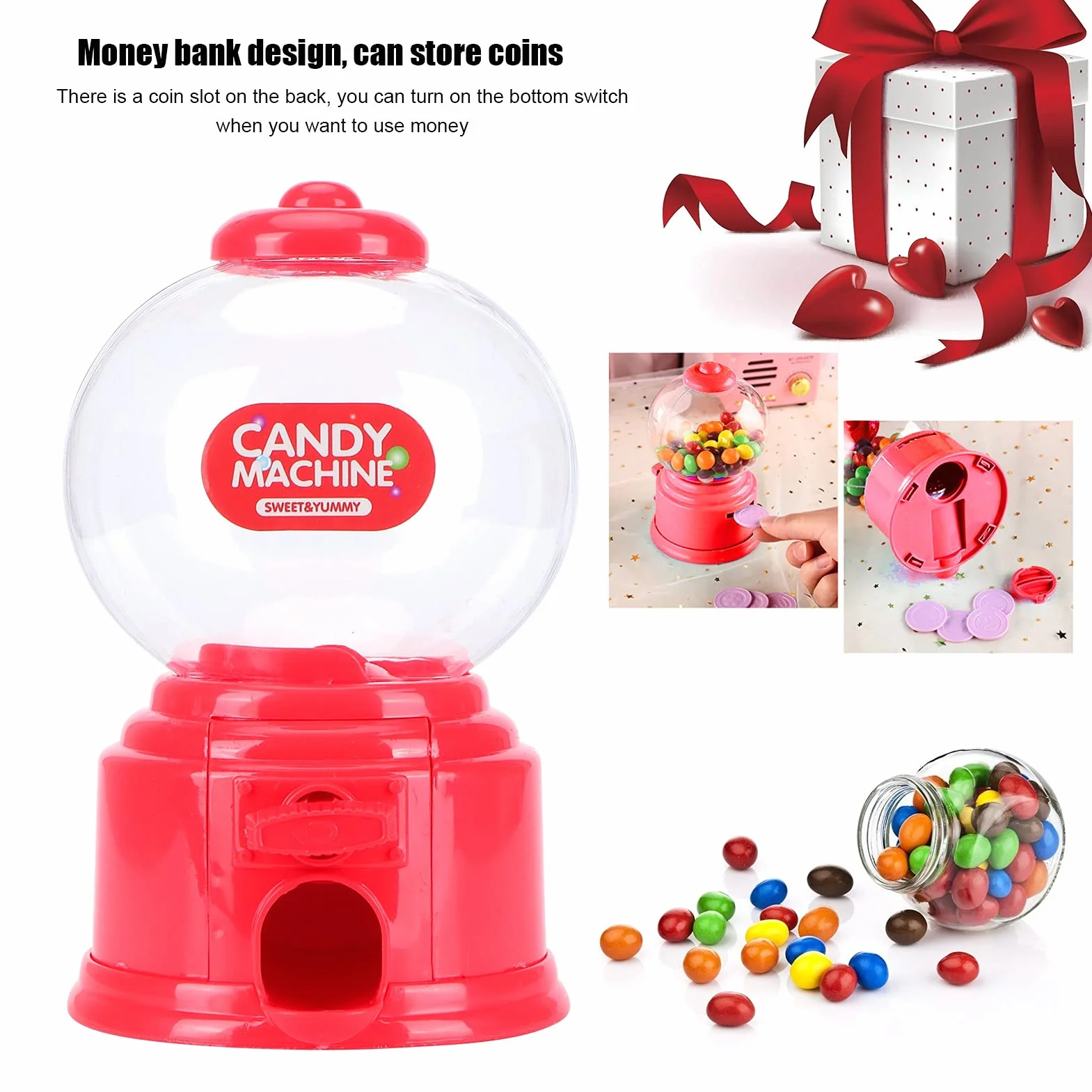Plastikowa guma do żucia, dozownik słodyczy na automatach do żucia, banka, mini słodycze, retro, na monety, maksymalna średnica słodyczy: 1,5 cm (czerwona)