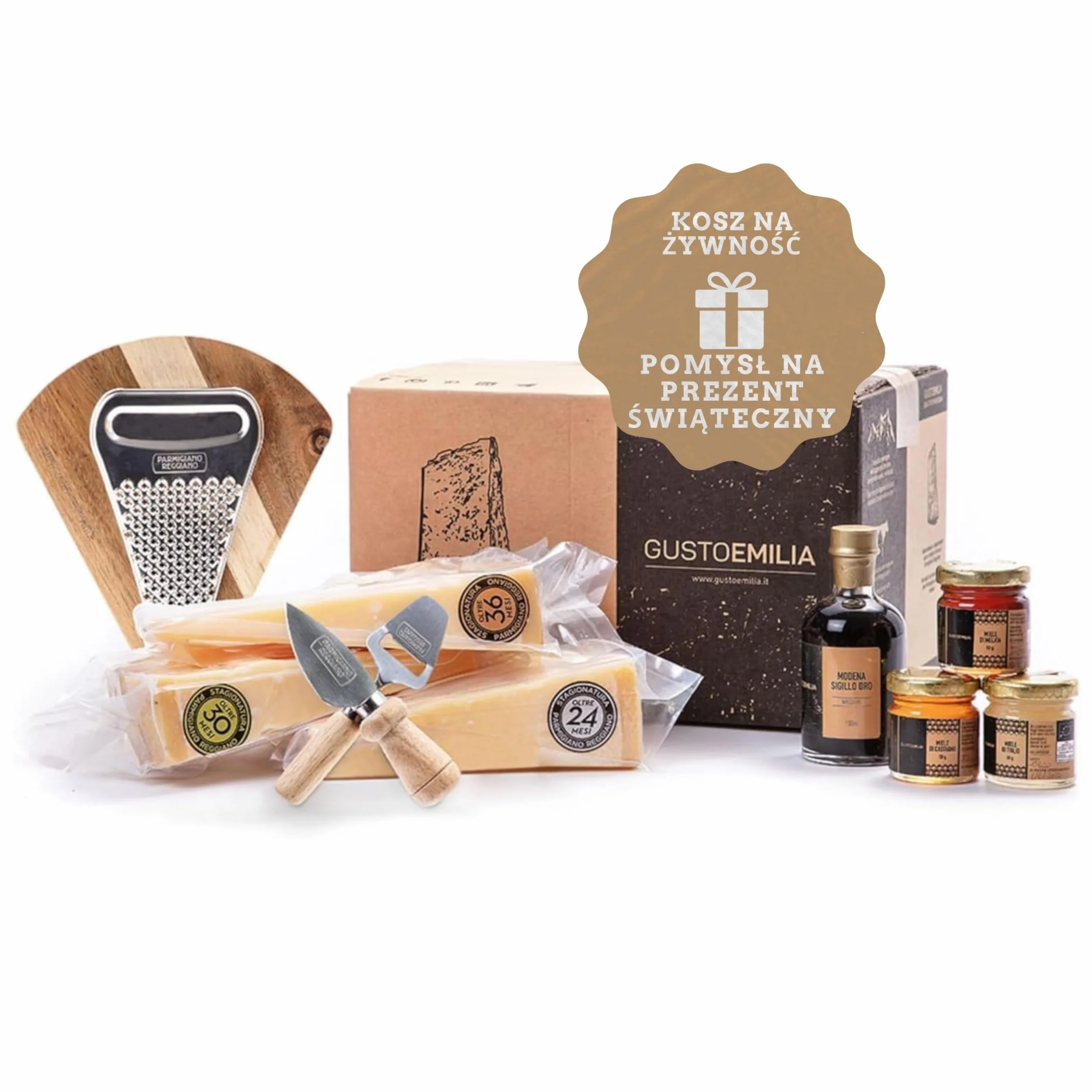 GUSTOEMILIA - Koszyczek Wielkanocny z typowymi produktami emilijskimi - Idealny Pakiet z Parmigiano Reggiano, Miodem, Octem Balsamicznym i Dodatkami - Pudełko Barzigola