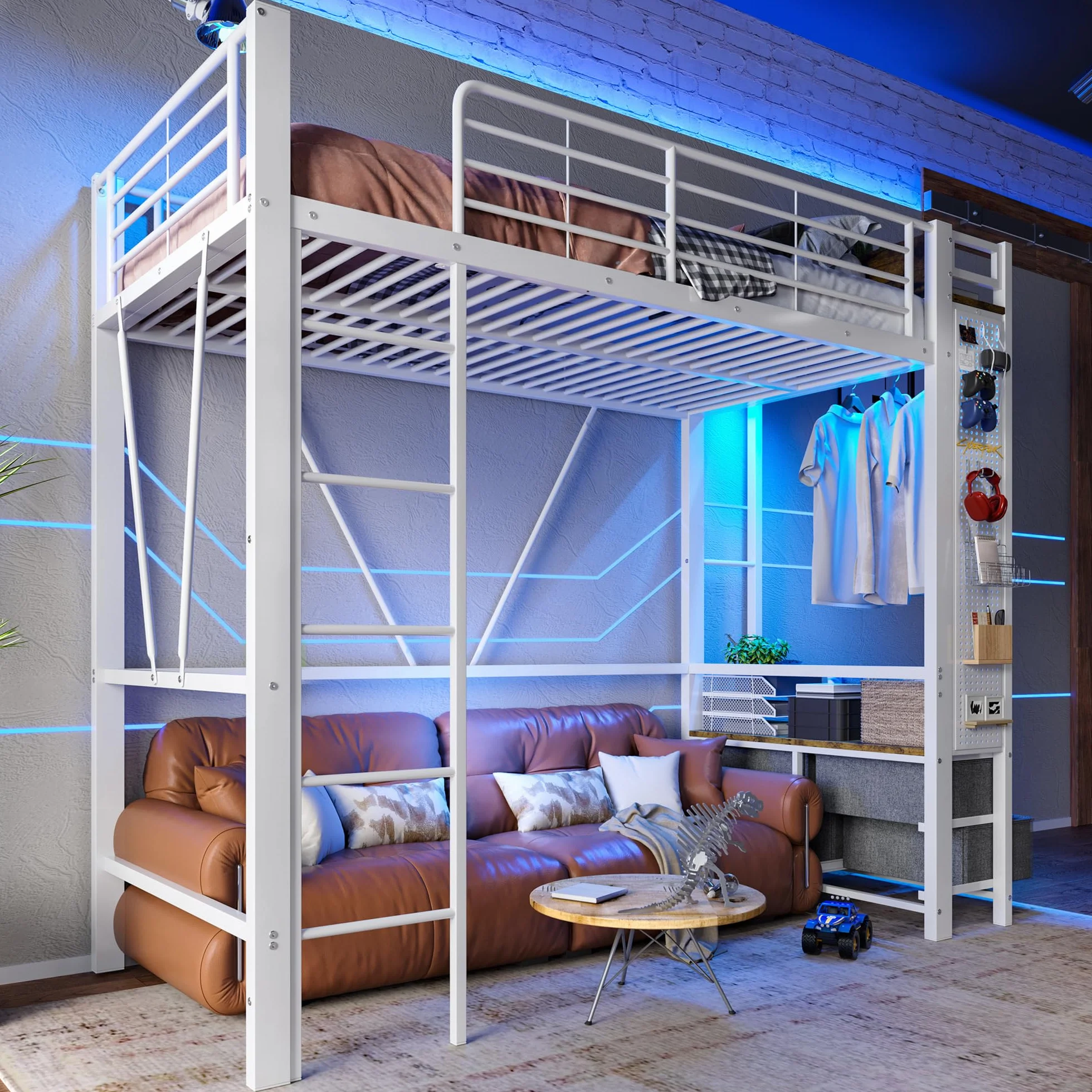 OKMYHOME Łóżko antresolowe 90x200 cm - łóżko dekoracyjne z biurkiem i miejscem do przechowywania - metal i MDF - bez materaca - białe