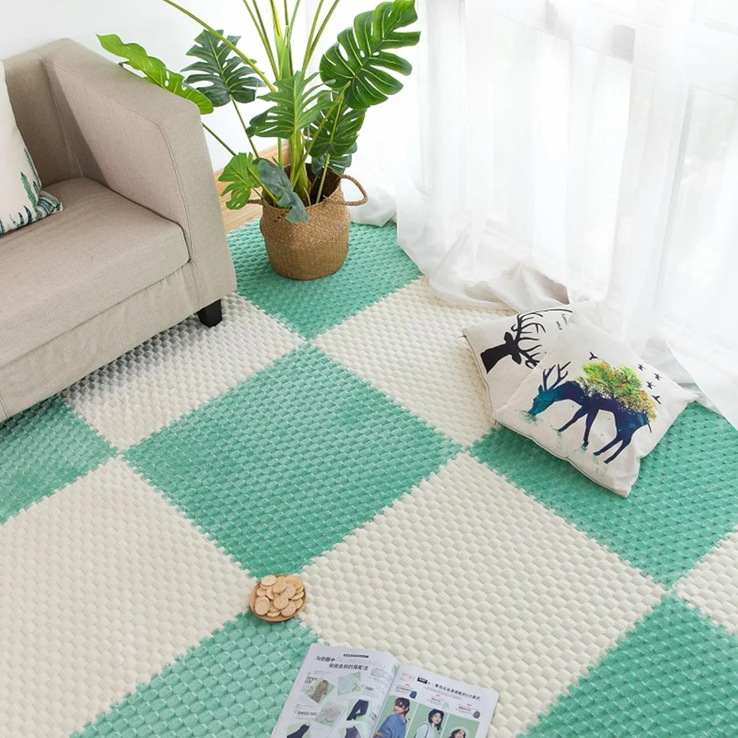 10 szt. puszystych, puszystych, blokujących dywaników podłogowych 12x12 cali, kwadraty, piankowa układanka, dywan(White+green)