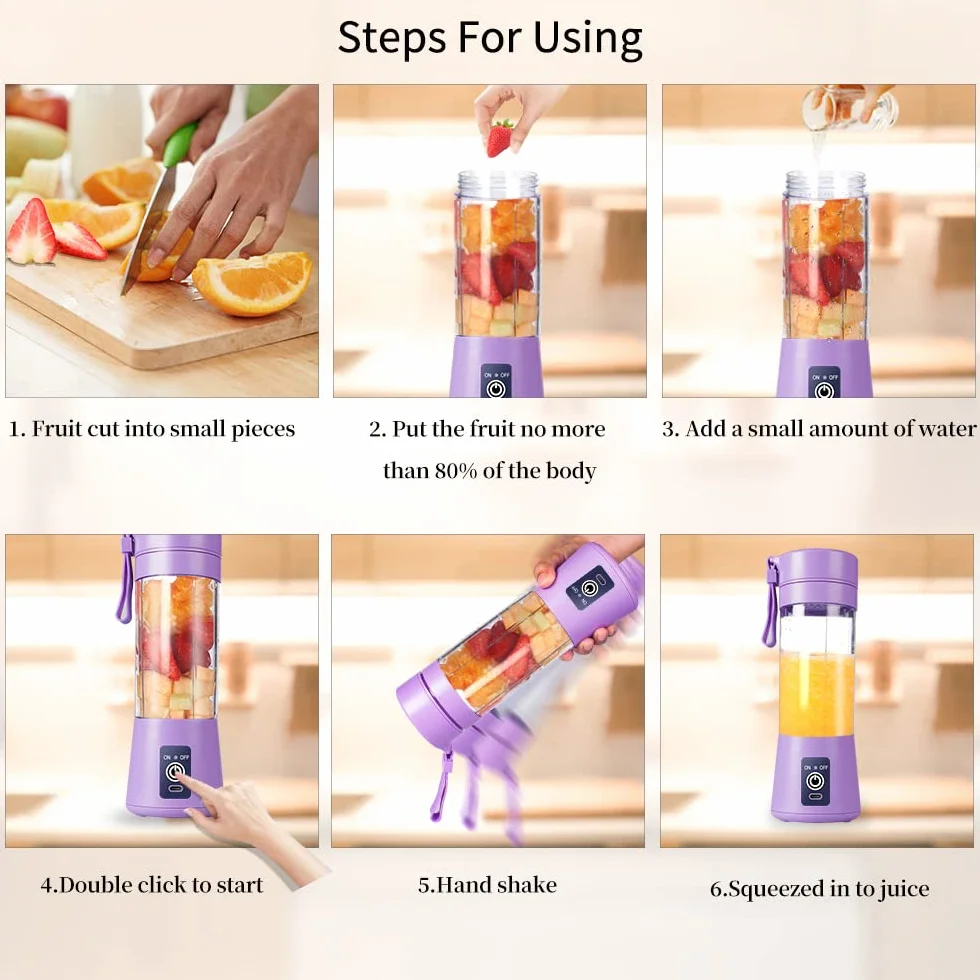 Przenośny blender, osobisty, sokowirówki, 380 ml, ręczny, do owoców, ładowany przez USB, z 6 ostrzami, podróżny do koktajli, jasnofioletowy