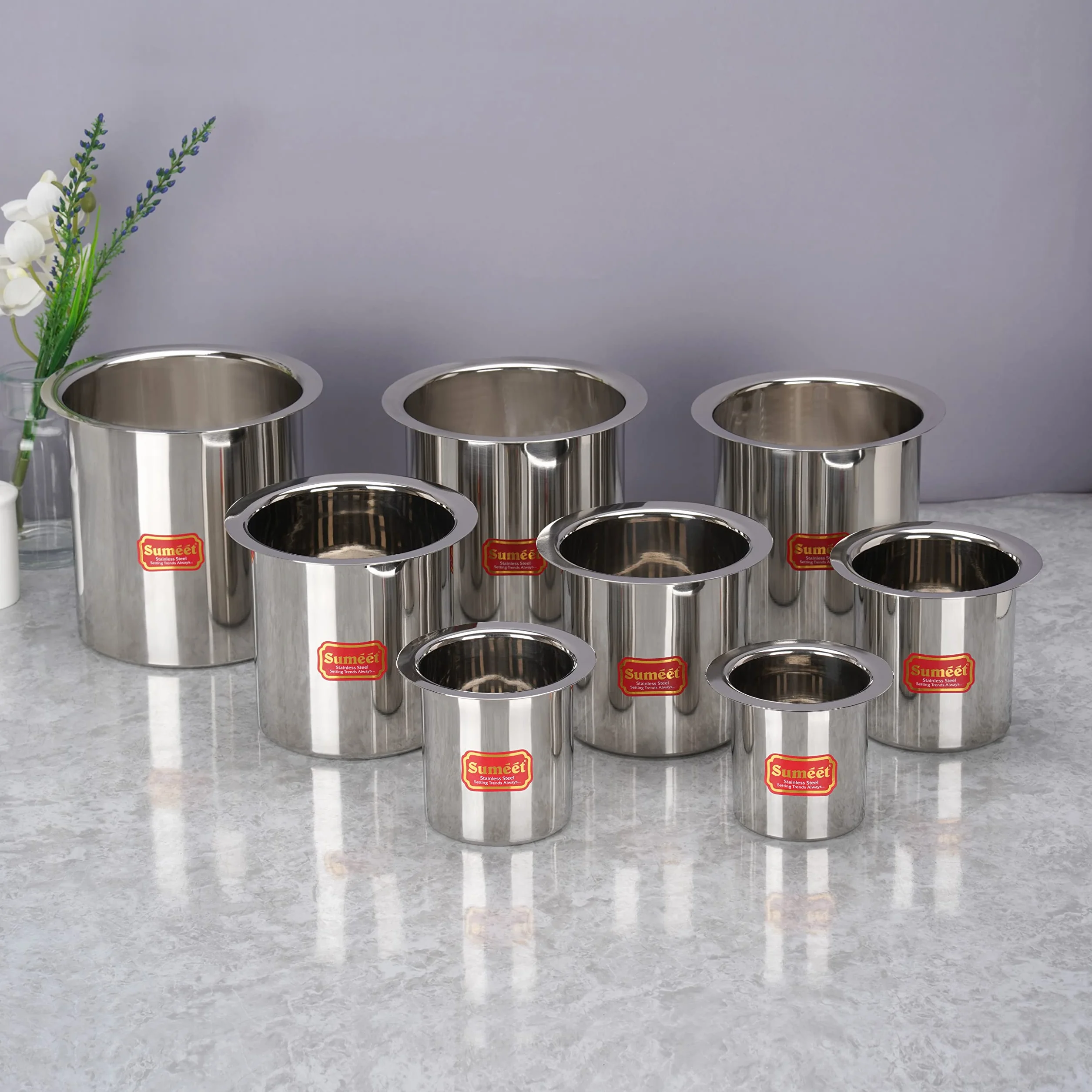 Sumeet Ganj ze stali nierdzewnej / kocioł na mleko, dzbanek na mleko, długie tapeli, zestaw 8 sztuk (400 ml, 550 ml, 750 ml, 1150 ml, 1450 ml, 1800 ml, 2250 ml, 2700 ml), srebrny